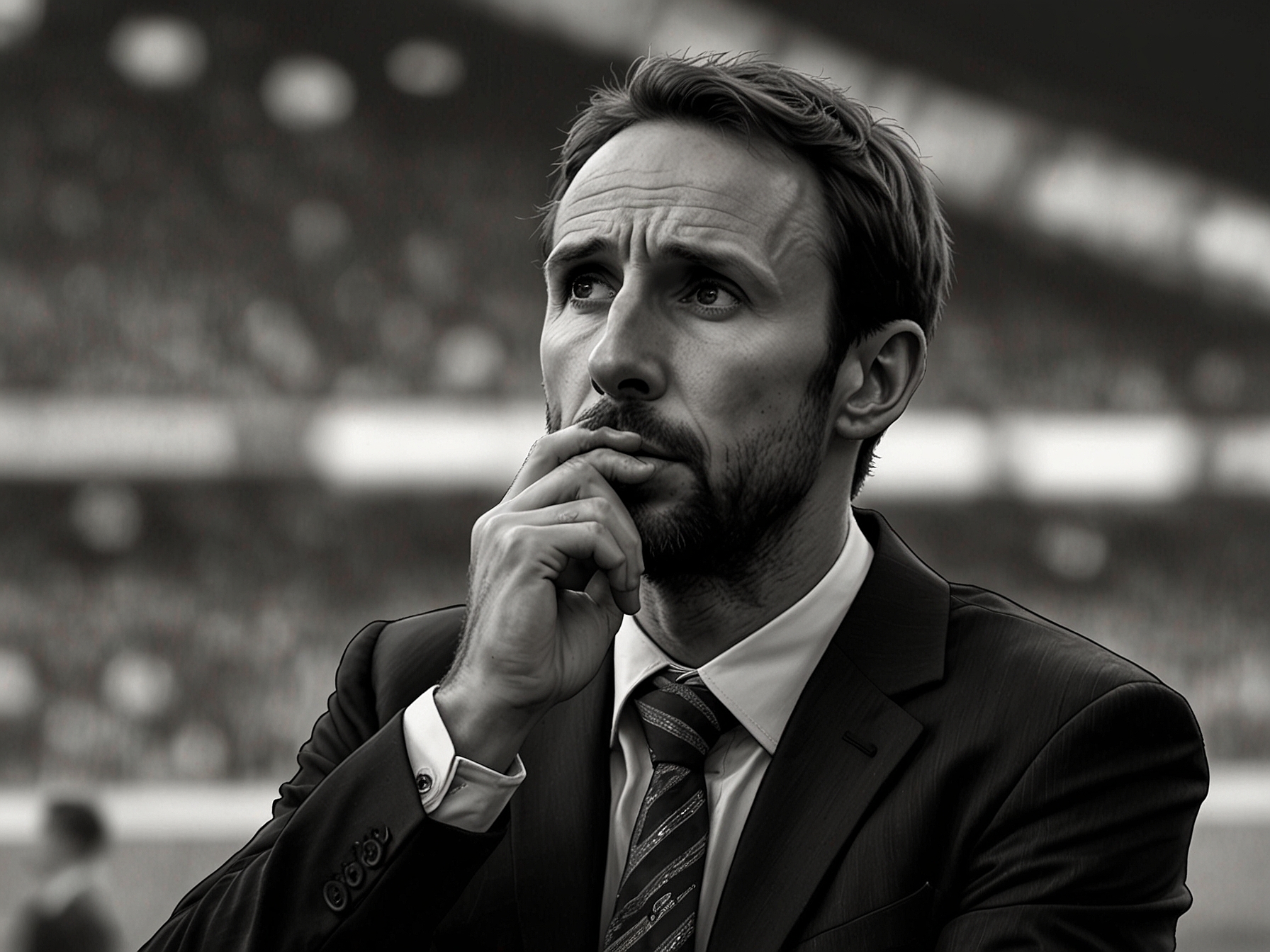 Gareth Southgate ponders tactics on the sidelines during an international match, symbolizing his efforts to solve England's longstanding midfield issues.