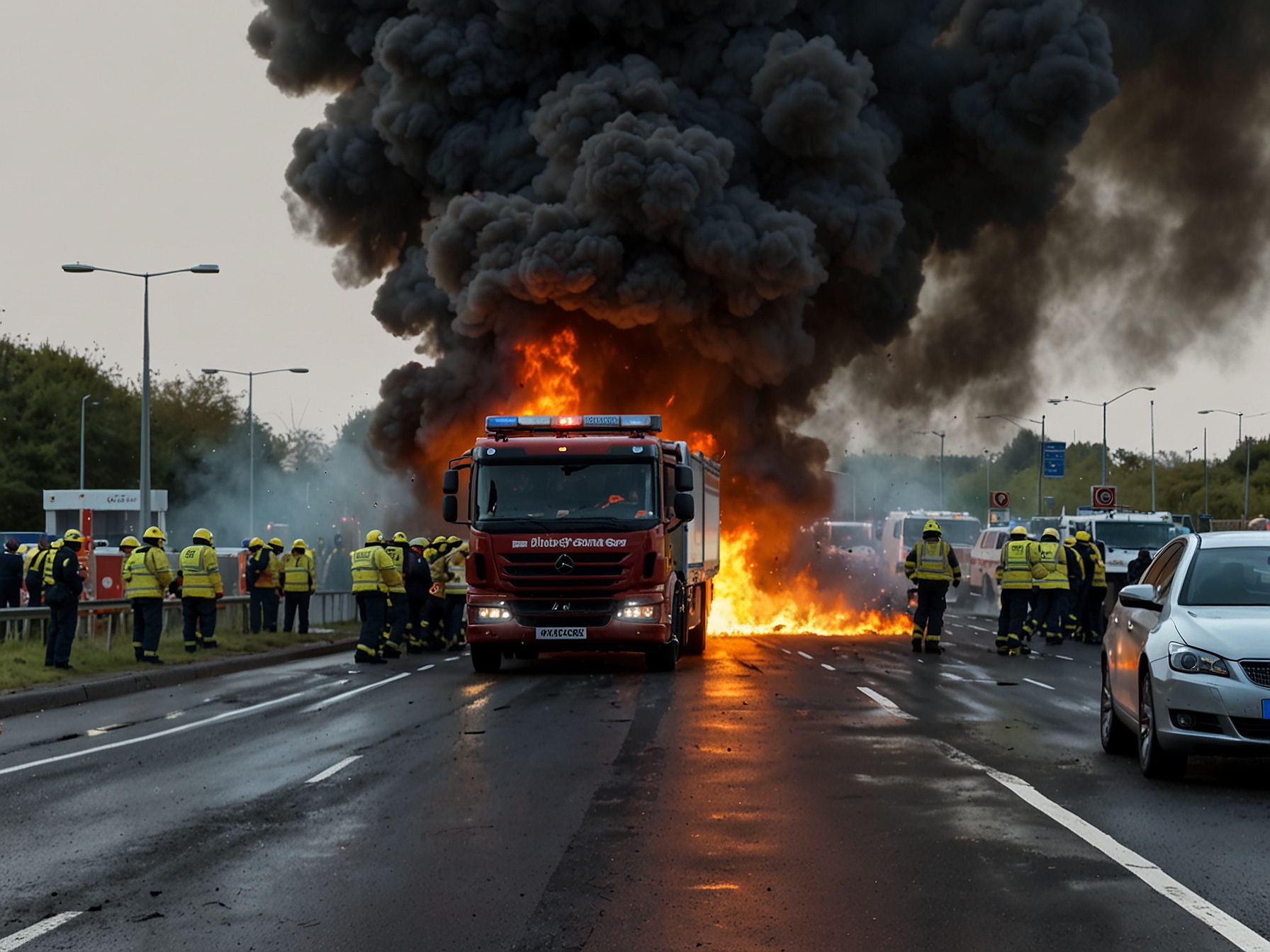 Emergency services respond to a vehicle fire on the M57, with firefighters working to extinguish the flames. Smoke and blocked lanes are evident as traffic comes to a standstill.