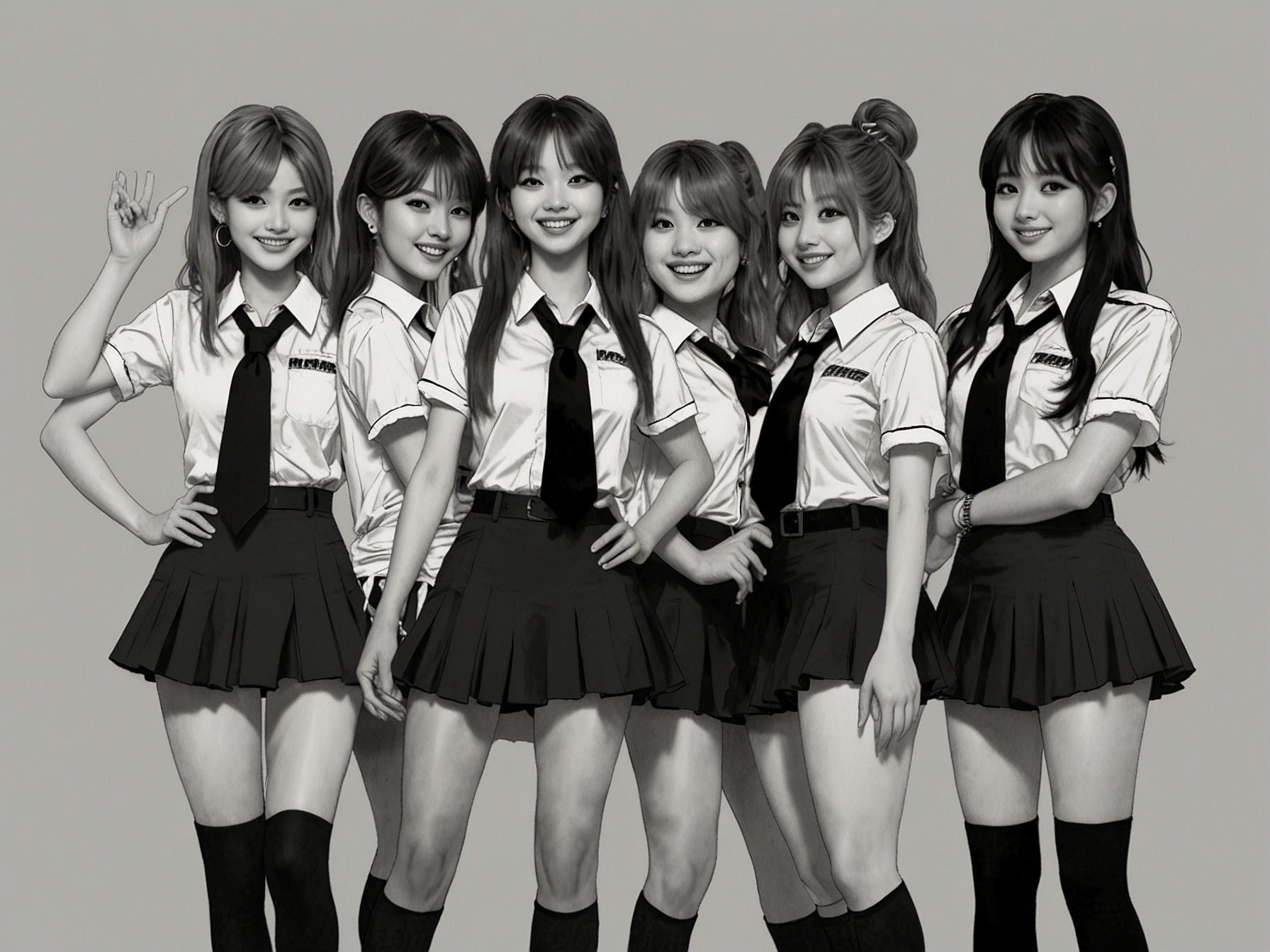 Momo Hirai, dressed in one of her iconic outfits, poses confidently with her fellow Twice members during their early years, showcasing their camaraderie and the group's dynamic energy.