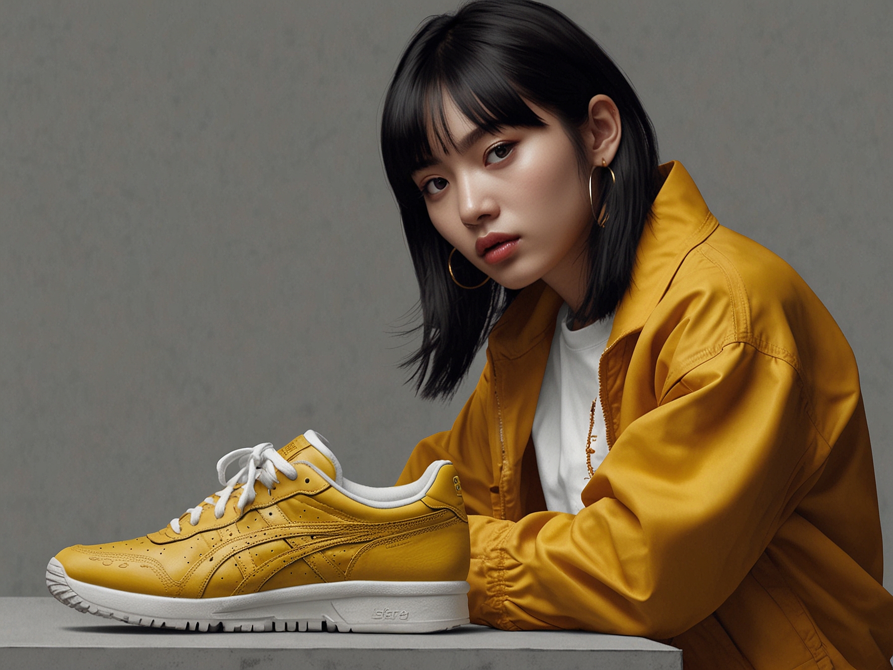 Momo collaborating in an Onitsuka Tiger campaign, wearing the brand's signature yellow hue. The blend of traditional fashion elements and contemporary digital artistry symbolizes her evolving style.