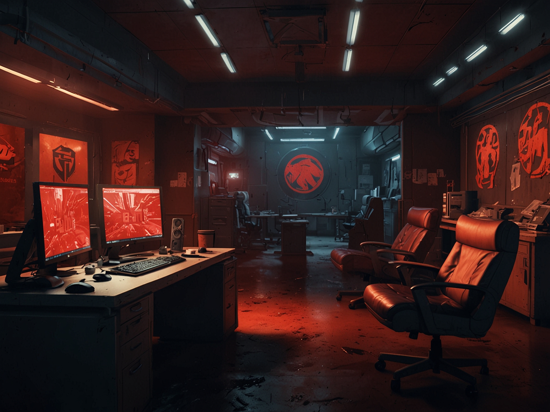 A depiction of Fishlabs’ studio with an overlay of the Red Faction logo, symbolizing the reported layoffs and the halted production of the anticipated game.