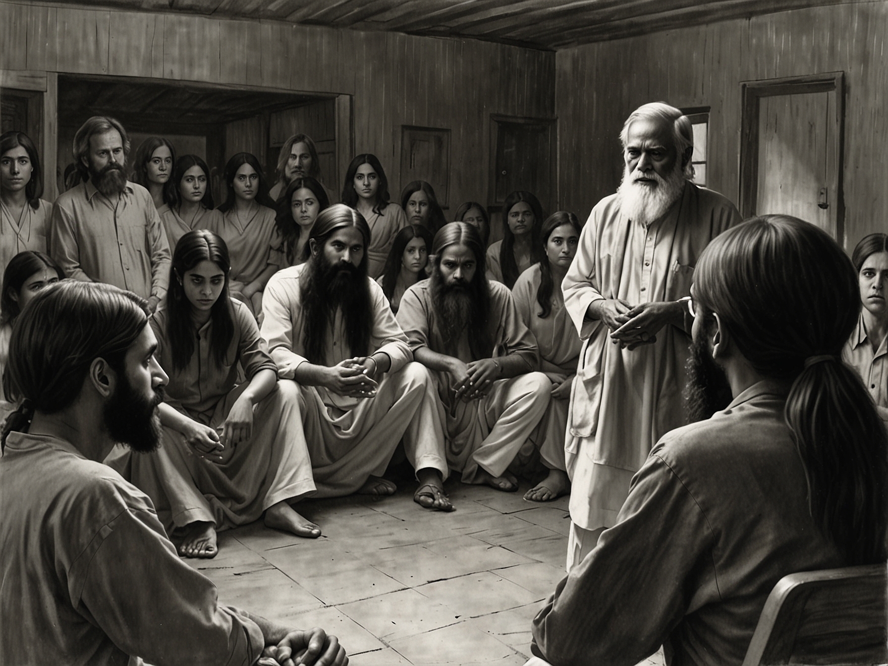 A tense scene from 'Wild Wild Country' shows followers of Bhagwan Shree Rajneesh in deep discussion, highlighting the manipulative environment of the Rajneeshpuram commune.