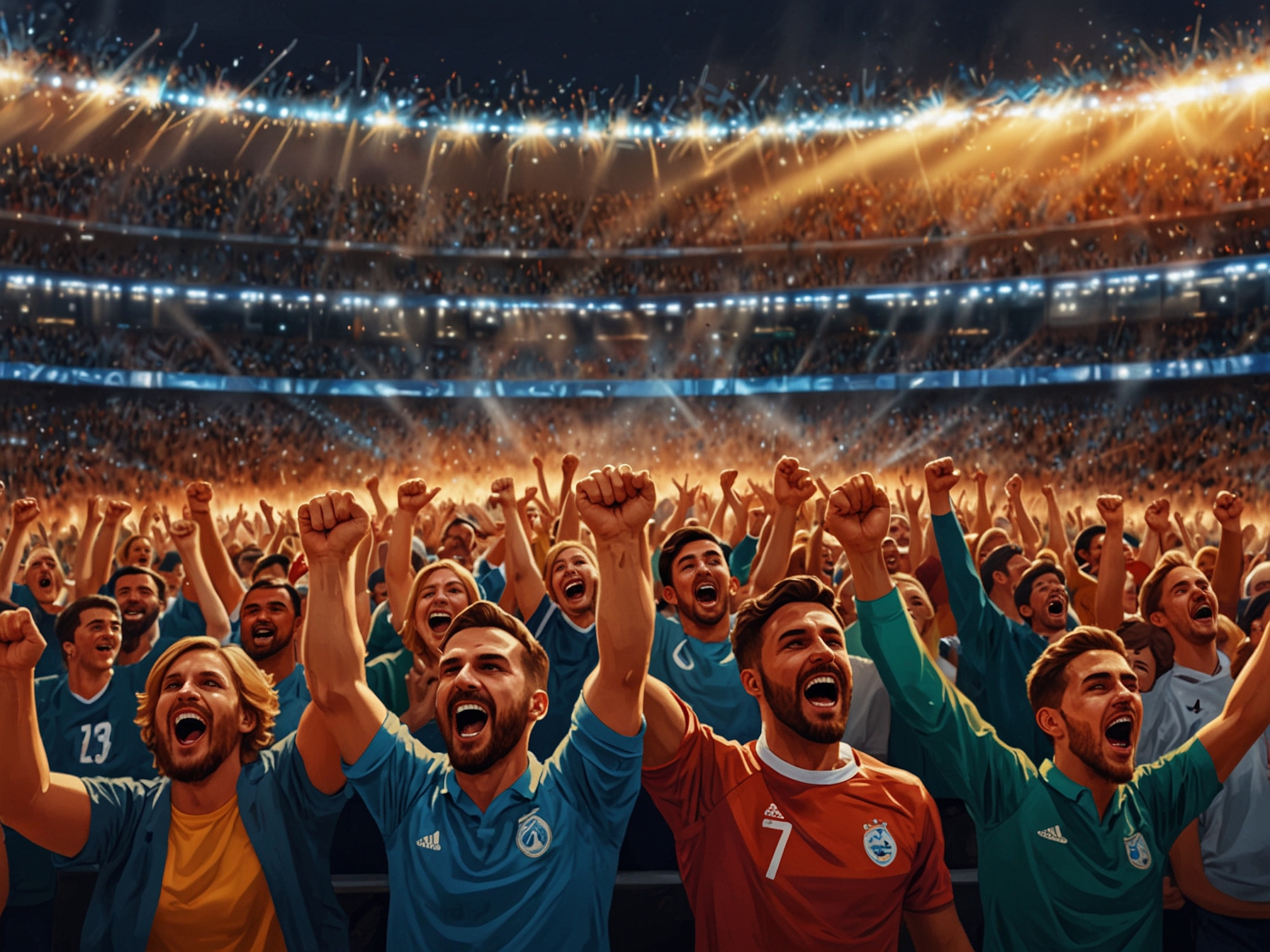 A vibrant scene showing fans cheering in a packed football stadium, capturing the electrifying atmosphere of a live Euro 2024 match.