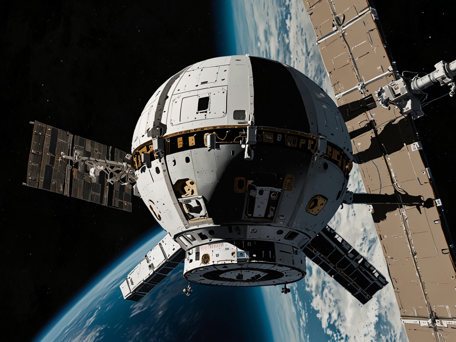 Image of the Boeing Starliner spacecraft docked at the International Space Station, with astronauts Butch Wilmore and Suni Williams conducting checks and maintaining systems onboard.