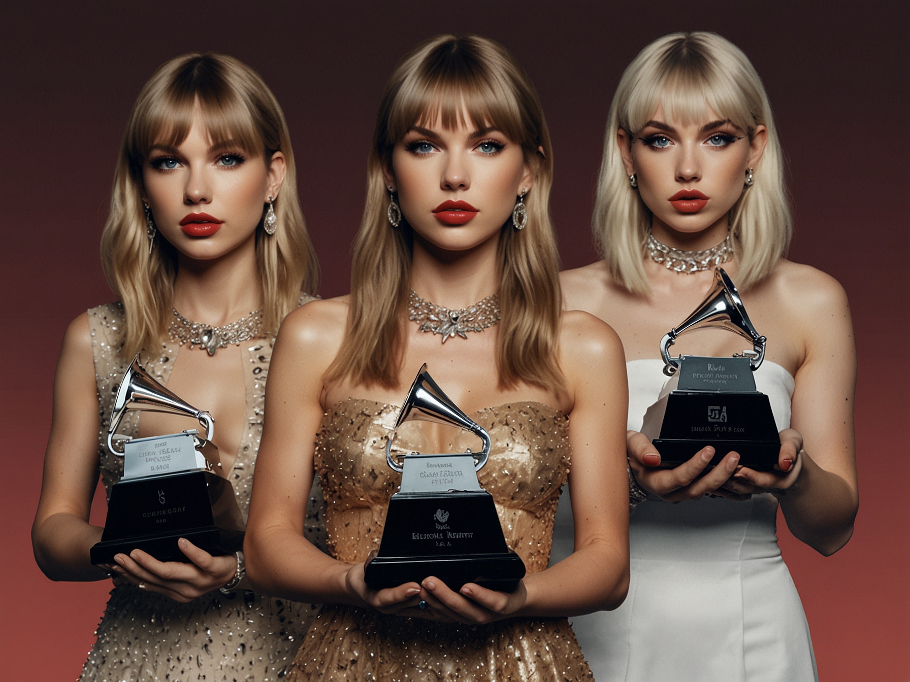Illustration of Taylor Swift holding multiple music awards, symbolizing her dominance on the charts, with smaller images of Charli XCX and Billie Eilish looking concerned.