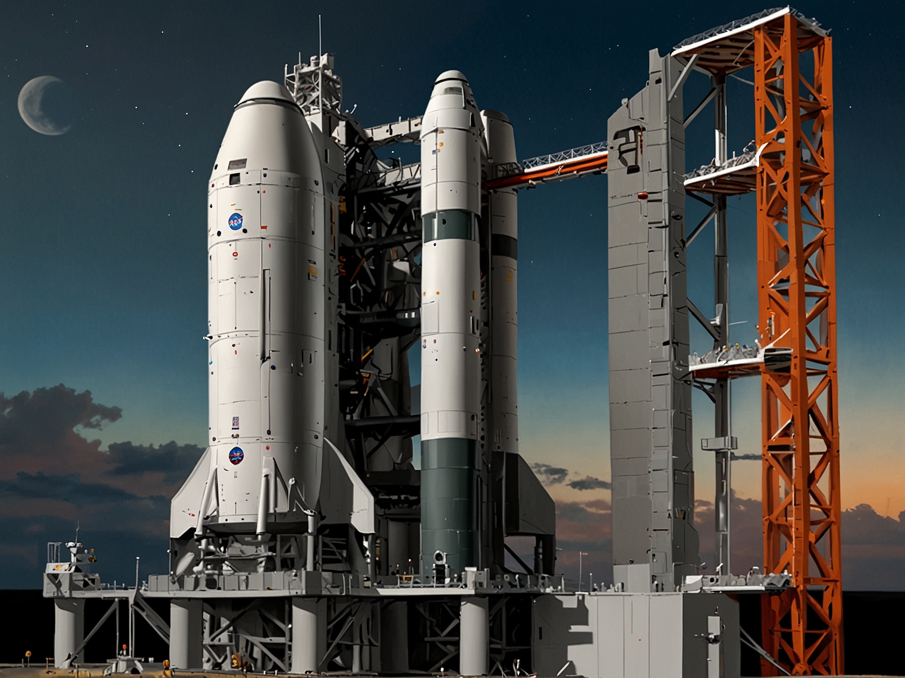 Illustration of NASA’s SLS Block 1 configuration, showcasing the RS-25 engines and solid rocket boosters, essential for the initial Artemis missions to the Moon.
