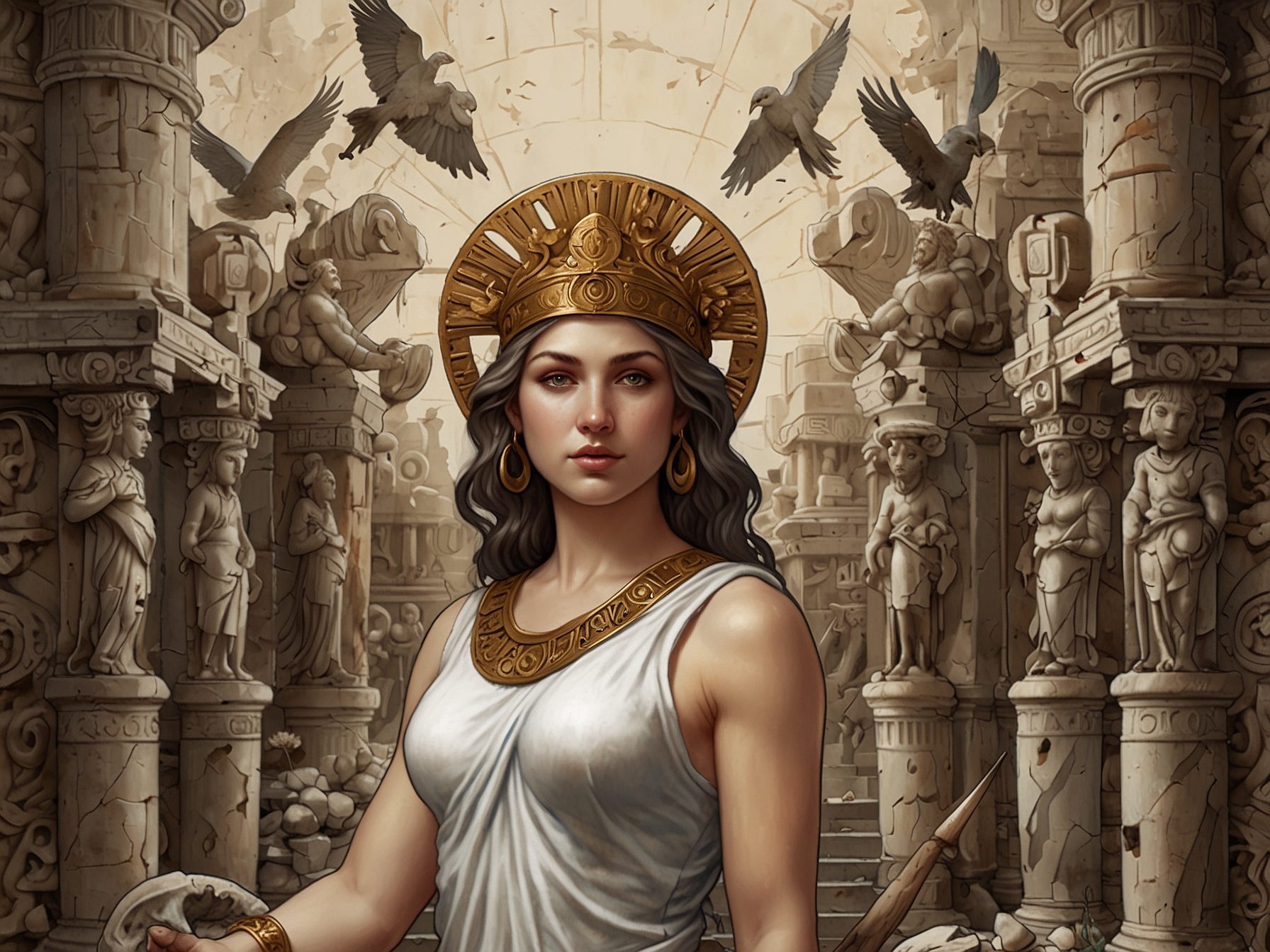 Illustration of a Greek god and goddess surrounded by ancient artifacts, symbolizing the enduring legacy and profound meanings of Greek baby names like Athena and Apollo.