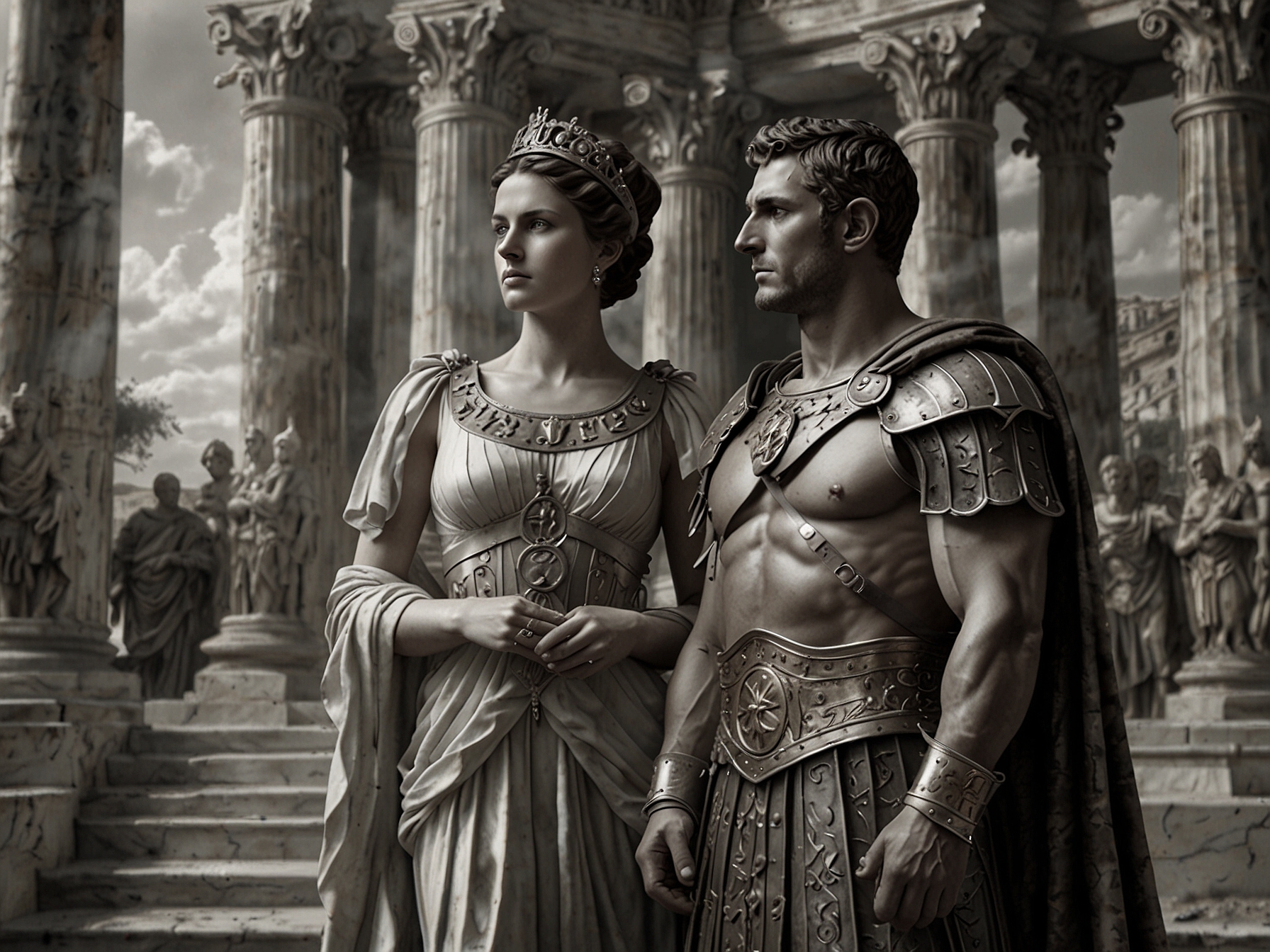 Depiction of a Roman emperor and empress in majestic attire, showcasing the grandeur of Roman names like Augustus and Aurelia, reflecting the aspirations of greatness and leadership.