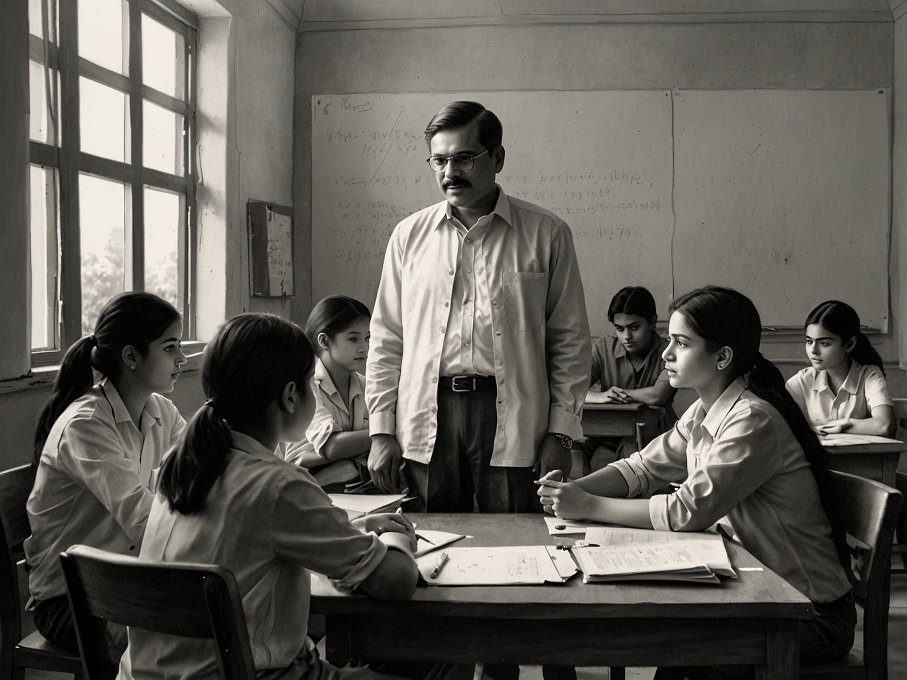 Jitendra Kumar as Jeetu Bhaiya, a mentor, surrounded by students in a classroom setting, depicting the intense academic atmosphere of Kota.