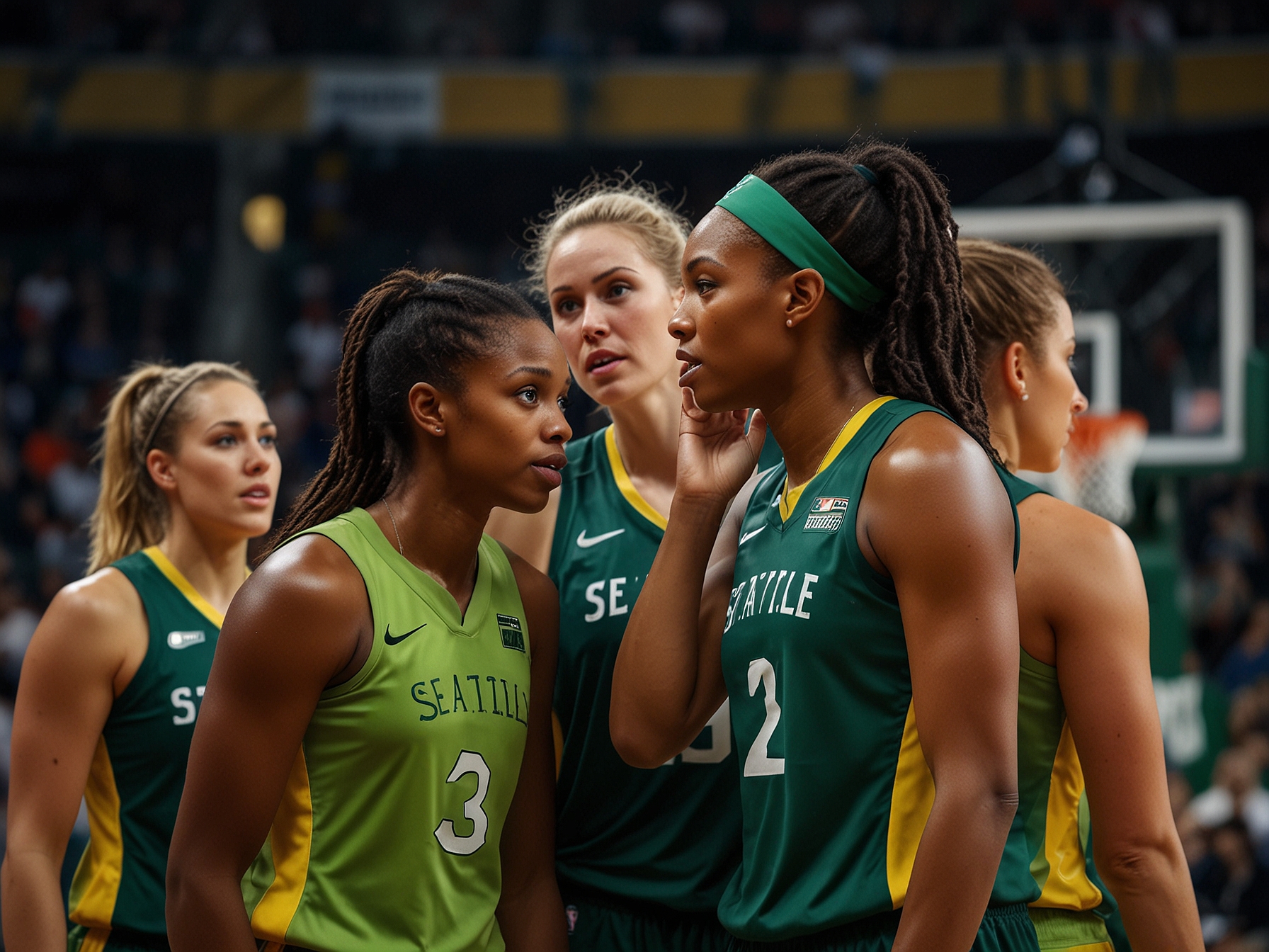 Seattle Storm players huddle together for a strategic discussion before their impending game against the Connecticut Sun. Their expressions reflect determination and readiness for the significant matchup.