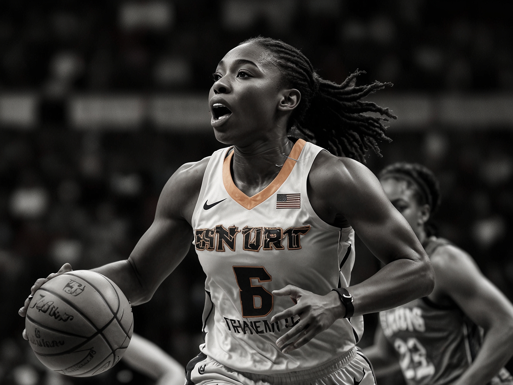 Nneka Ogwumike of the Connecticut Sun drives to the basket, showcasing her skill and intensity. The shot encapsulates the high stakes and competitive spirit expected in the upcoming game against the Seattle Storm.