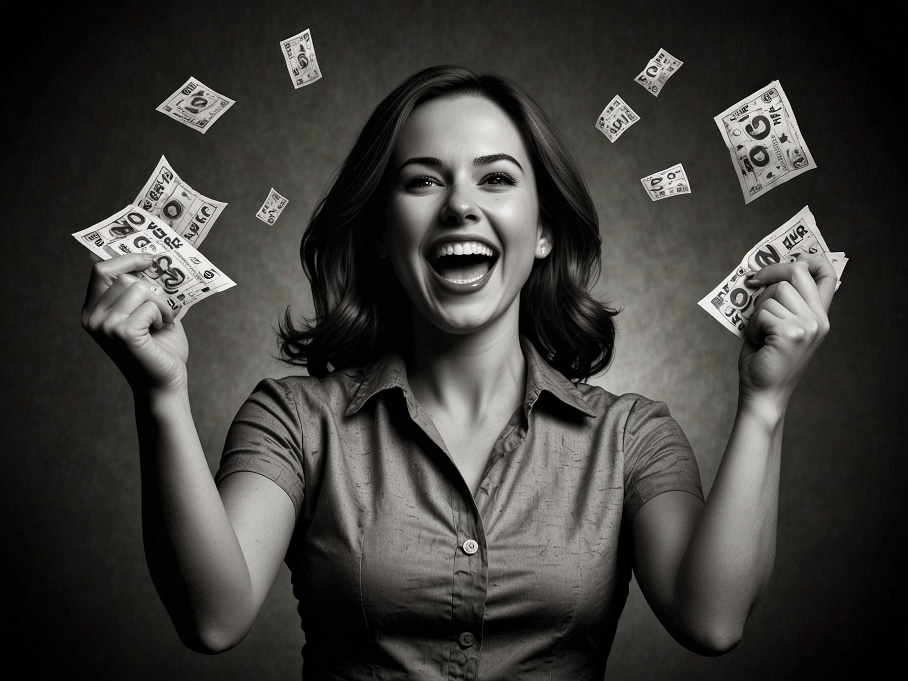 A jubilant lottery player holding her winning tickets, symbolizing the initial excitement and exhilaration of striking it rich with back-to-back wins totaling $500,000.