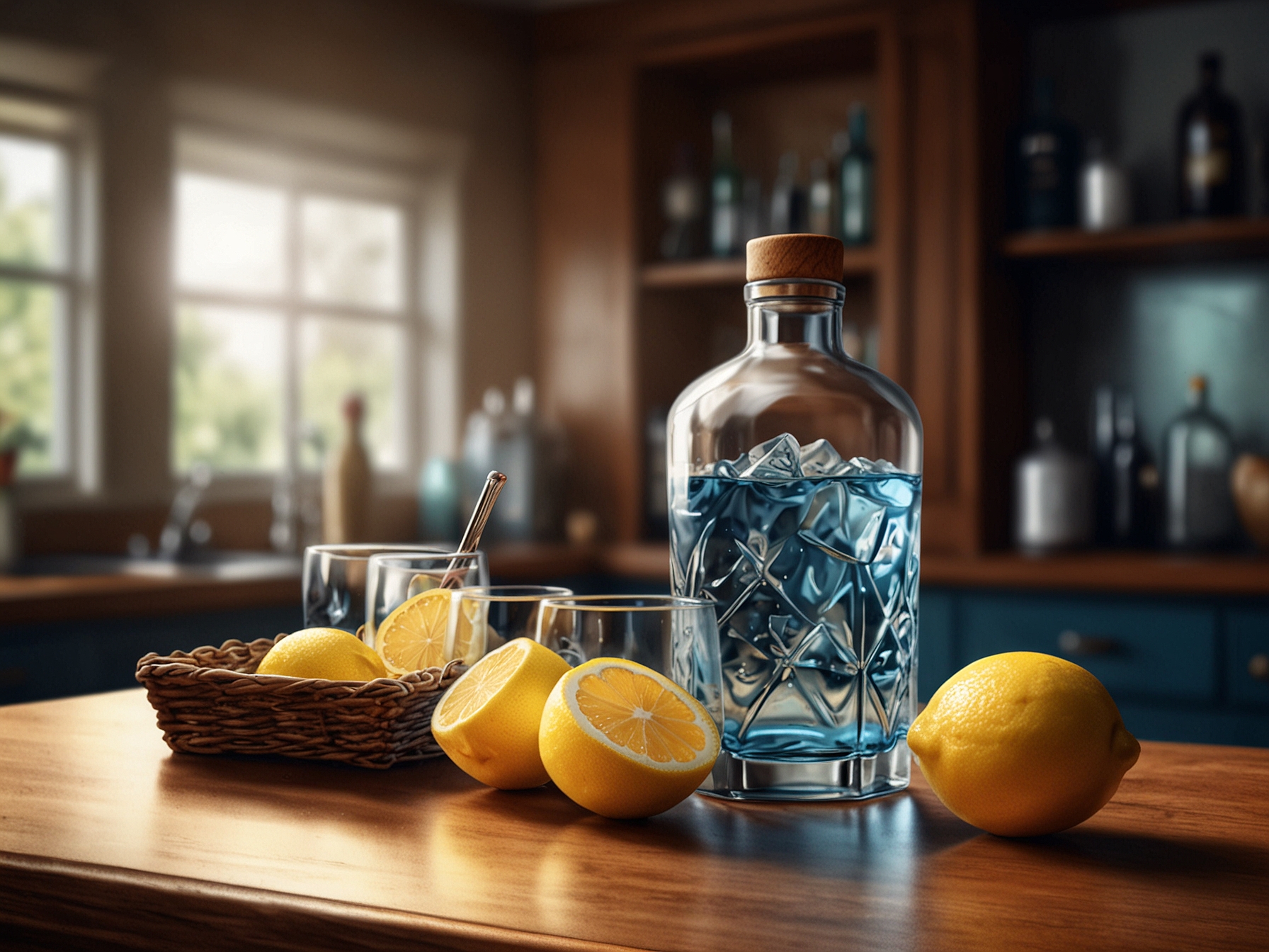 A beautifully set kitchen counter with a basket containing cocktail ingredients, ice, lemons, and a shaker, illustrating the idea of bringing your own drinks to the party.
