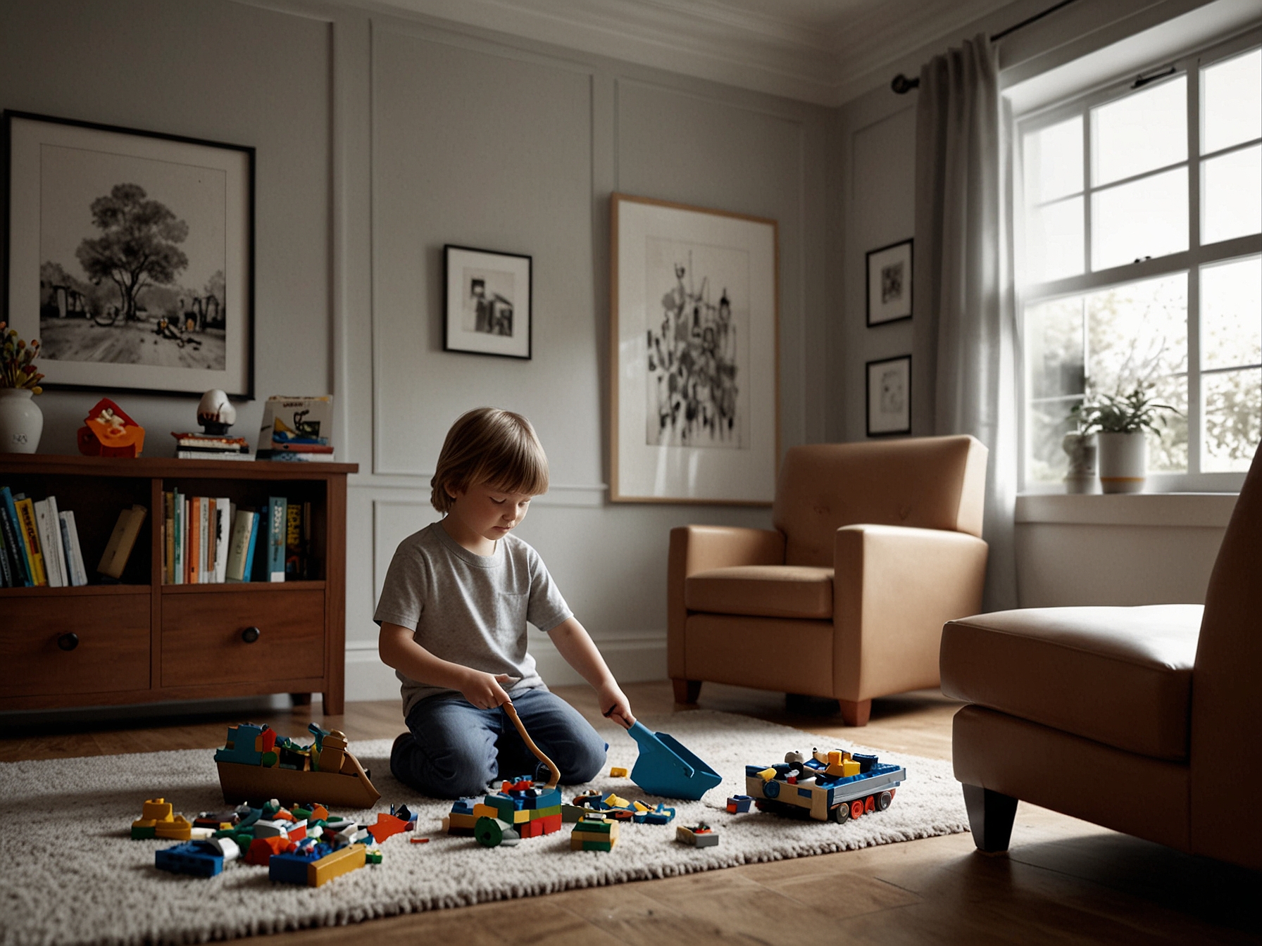 A clutter-free living room with kids playing, showcasing the effectiveness of Lynsey's dustpan and brush method for quick Lego cleanup.