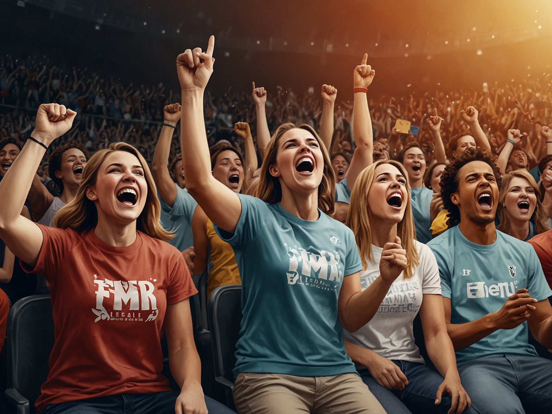 A group of fans passionately cheering for Caitlin Clark, illustrating both the positive and negative extremes of modern sports fandom fueled by social media platforms.