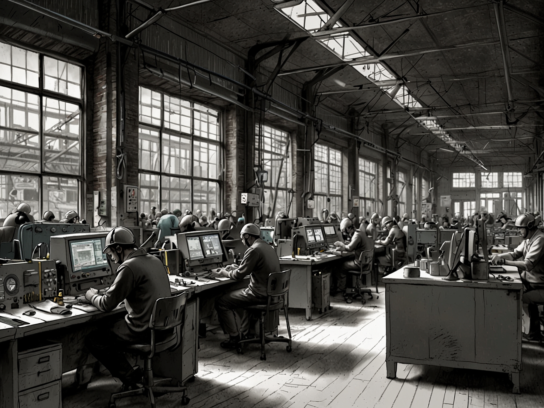 An image portraying a busy factory with disrupted supply chains and rising input costs, highlighting the struggles faced by the UK's manufacturing sector that impacted the PMI.