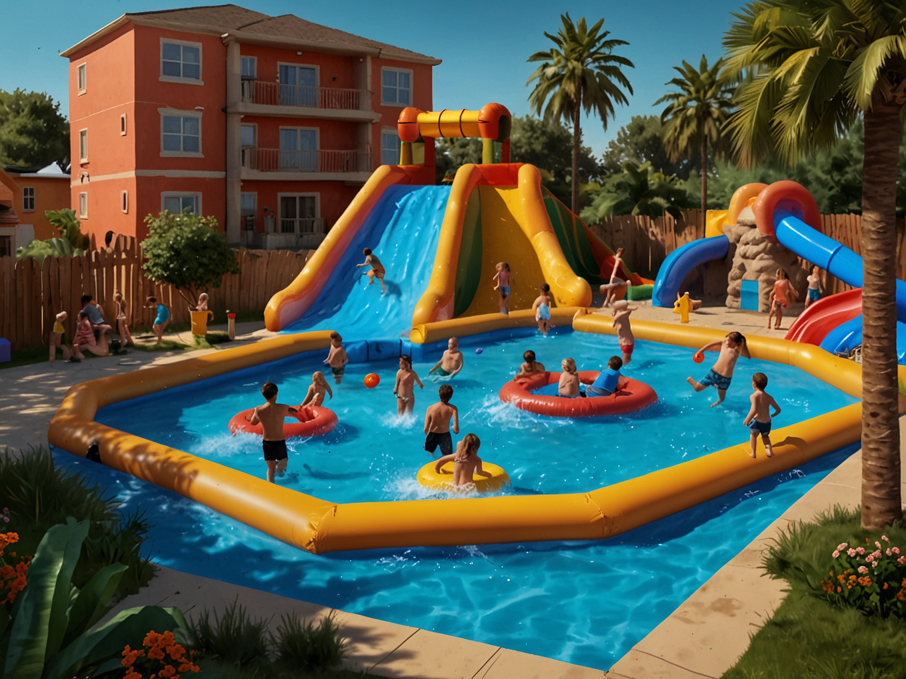 An image of kids playing on the Costway Inflatable Water Park in a backyard, showing vibrant colors, slides, a splash pool, and a climbing wall, capturing the fun and energetic atmosphere.