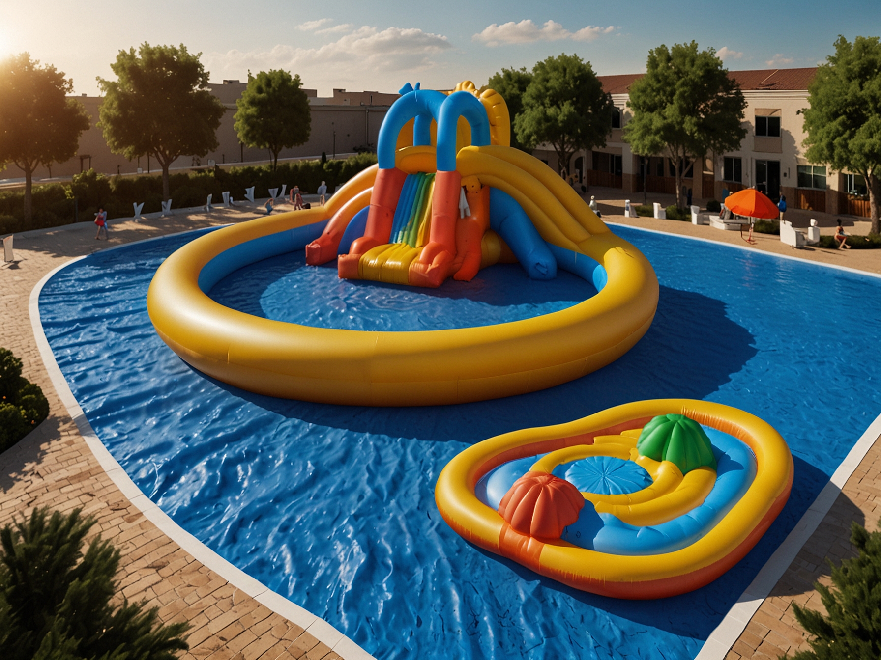 A close-up of the Costway Inflatable Water Park being inflated with the included air pump, highlighting the ease of setup and the durable, puncture-resistant materials used.