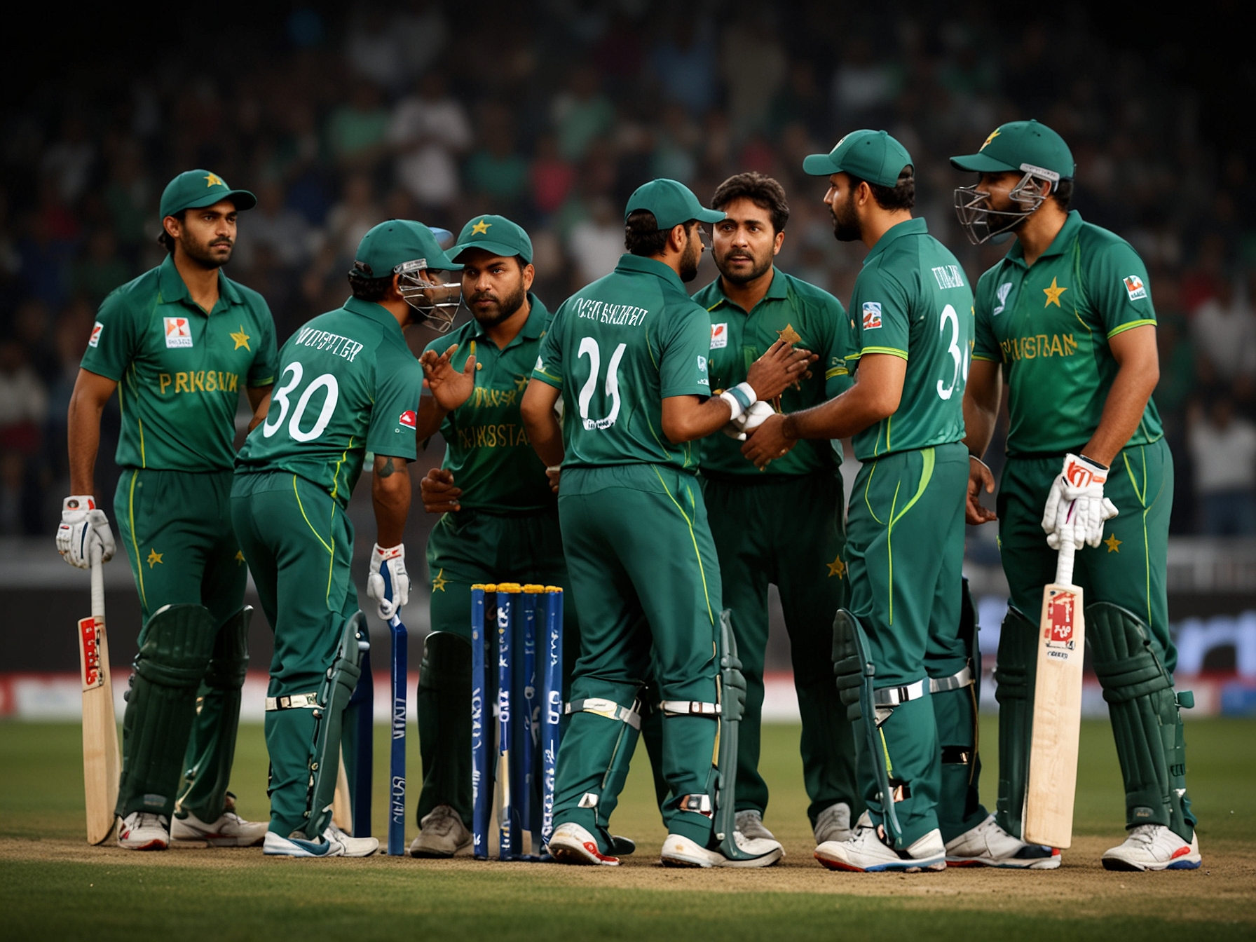 Pakistani cricket team during a critical T20 World Cup match, showcasing the senior players in action. The image highlights the team's struggle and moments of strategic failure.