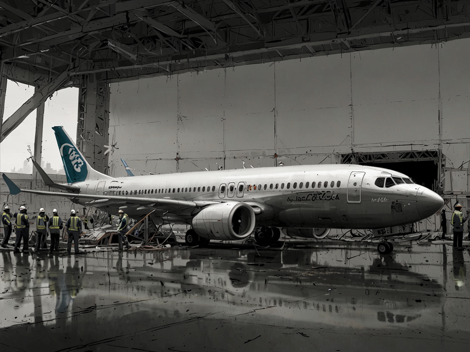 An image of a Boeing 737 Max aircraft grounded, with maintenance crews working on it, symbolizing the aftermath and ongoing scrutiny Boeing faces following the crashes.