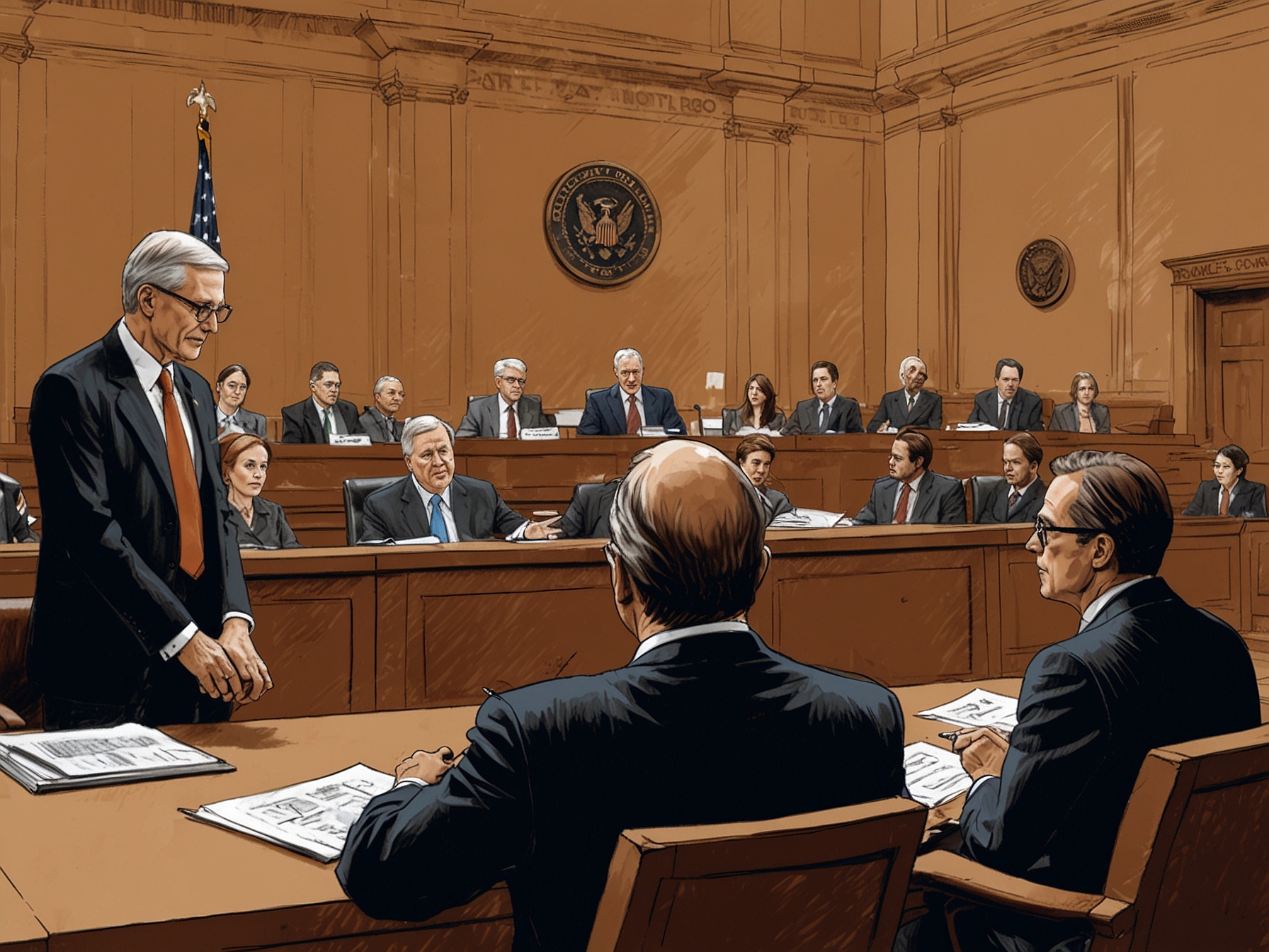 A courtroom illustration showing DOJ officials deliberating, representing the intense legal scrutiny Boeing is under for potentially violating its settlement agreement.