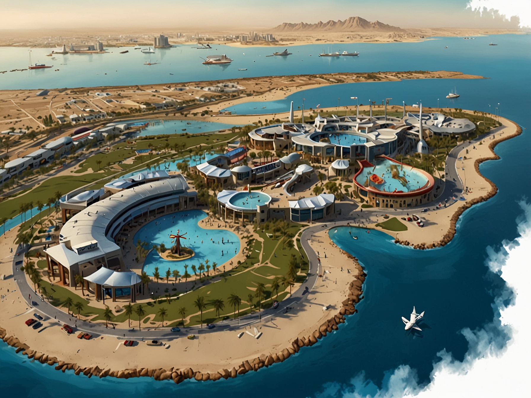 Aerial view of Yas Island showcasing its modern infrastructure, luxury hotels, and iconic attractions like Ferrari World and Yas Waterworld surrounded by the Arabian Gulf.