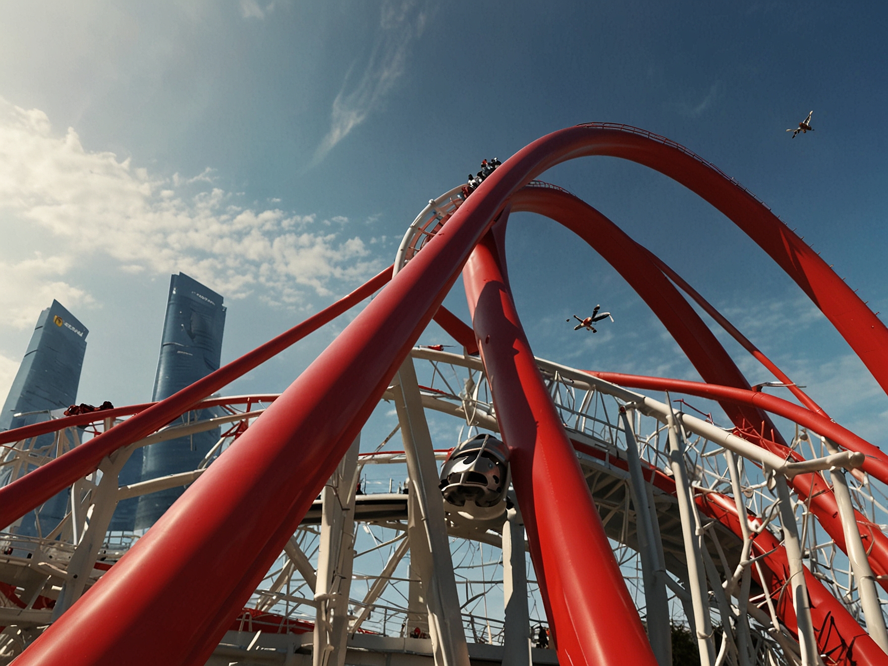 Thrilling roller coaster ride at Ferrari World's Formula Rossa, capturing riders experiencing exhilarating speeds of up to 240 km/h against the backdrop of sleek, modern architecture.
