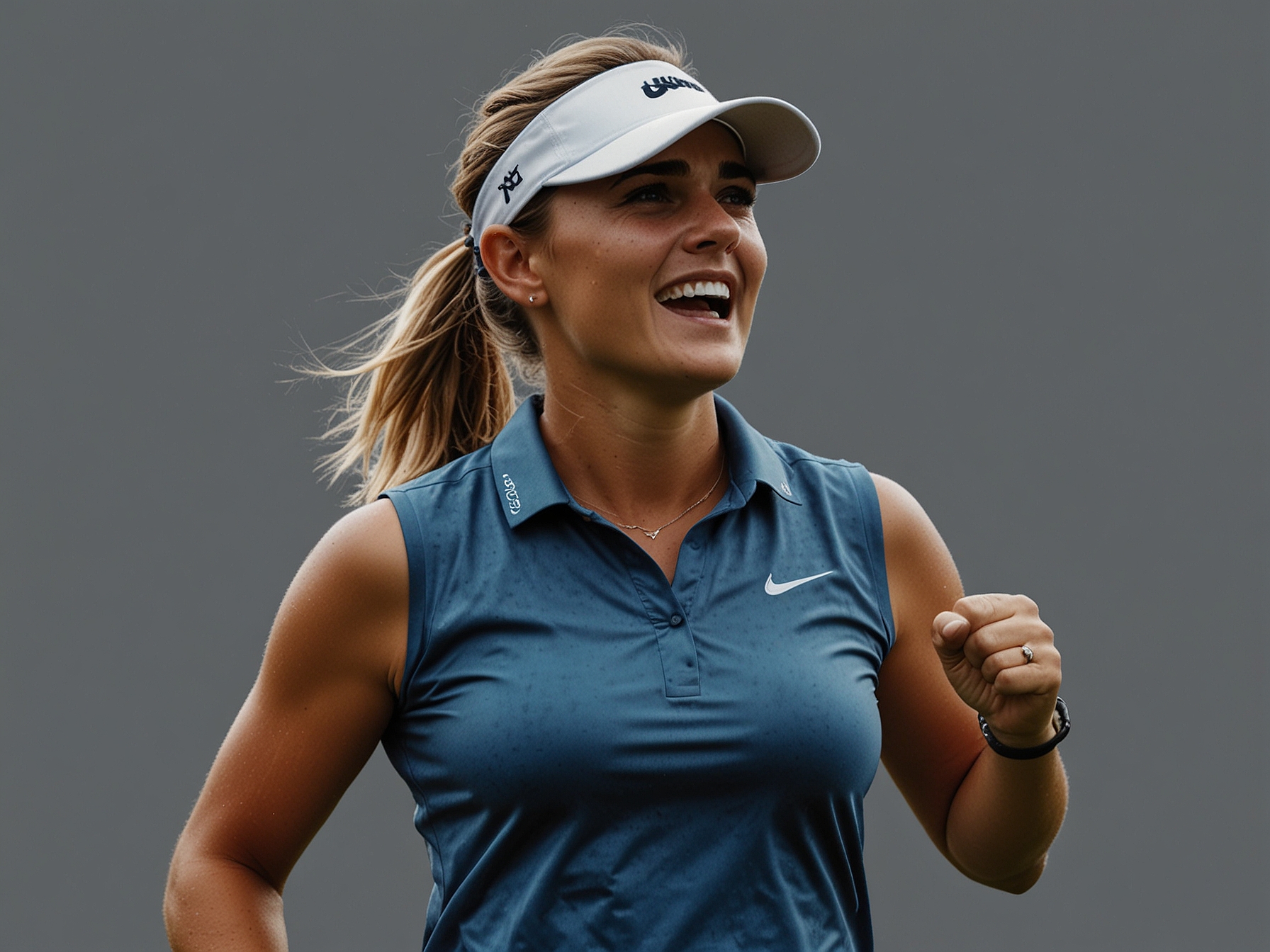 Lexi Thompson celebrates after making a crucial putt, displaying her joy and determination while leading the KPMG Women's PGA with an exceptional round.