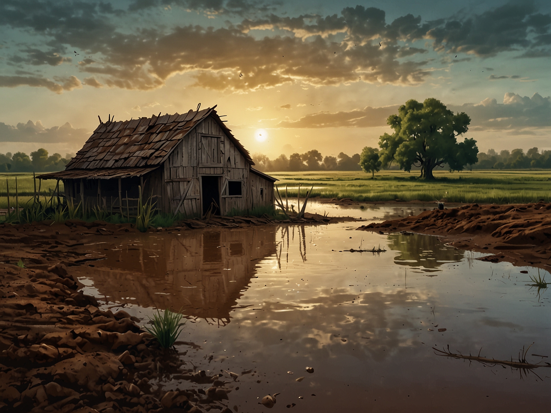 A flooded farm showcasing devastated crops and soil erosion, symbolizing the impact of unseasonal rains and droughts on agriculture, leading to food scarcity and rising costs in the grocery store.