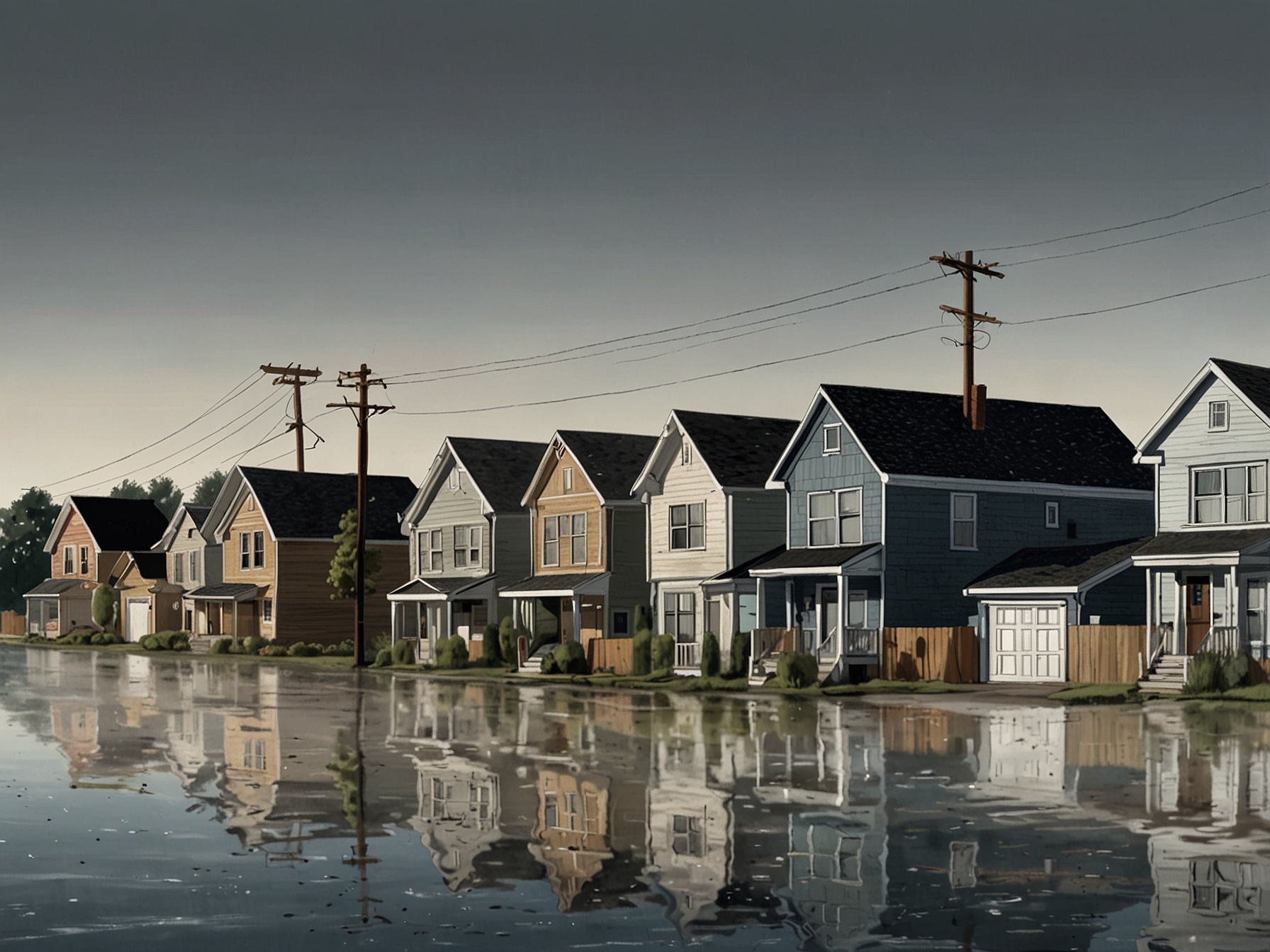 A suburban neighborhood with rising floodwaters encroaching on homes and streets, demonstrating the increasing insurance premiums and housing costs due to properties being in high-risk flood zones.