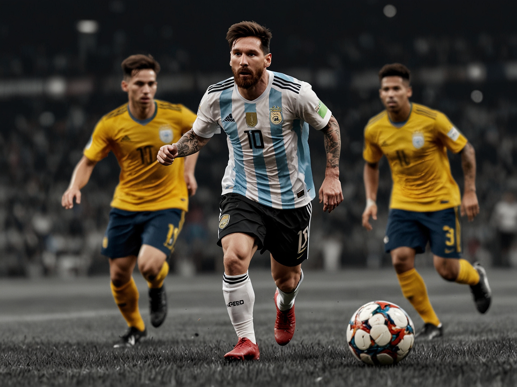 An illustration of Lionel Messi skillfully dribbling past defenders, showcasing his unparalleled talent and crucial role in Argentina's 2024 Copa America campaign.