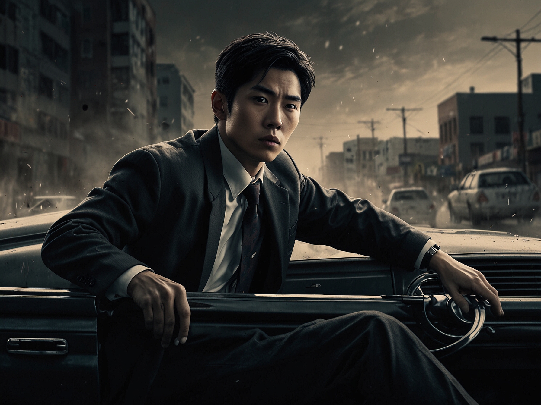 Lee Min-ki as Detective Kang expertly maneuvers through a thrilling car chase scene, capturing the intense action sequences that make 'Crash' visually appealing to viewers.