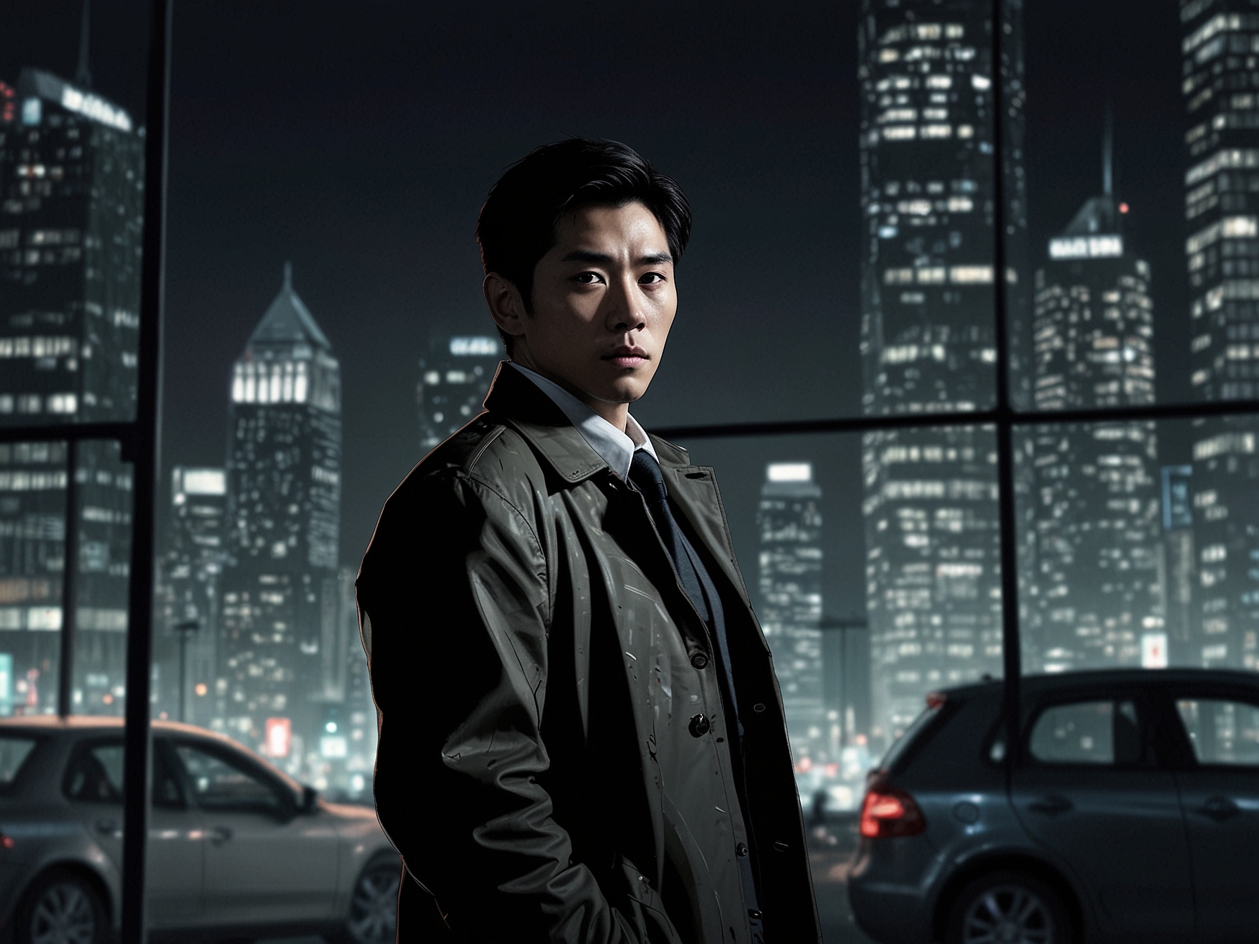 Detective Kang, portrayed by Lee Min-ki, stands amidst an urban landscape illuminated by city lights, reflecting on the deeper themes of justice and corruption explored in 'Crash'.