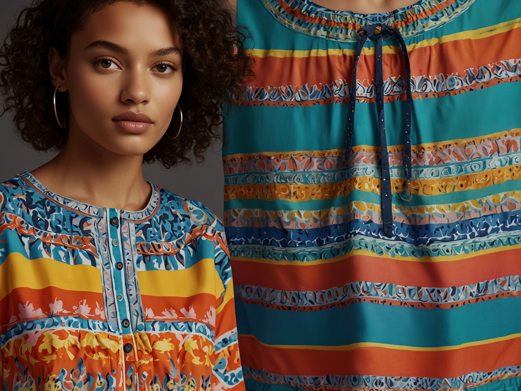 A close-up shot of the vibrant co-ord set from Tesco's F&F collection, showcasing the detailed patterns, breathable fabric, and adjustable straps on the top, perfect for summer wear.