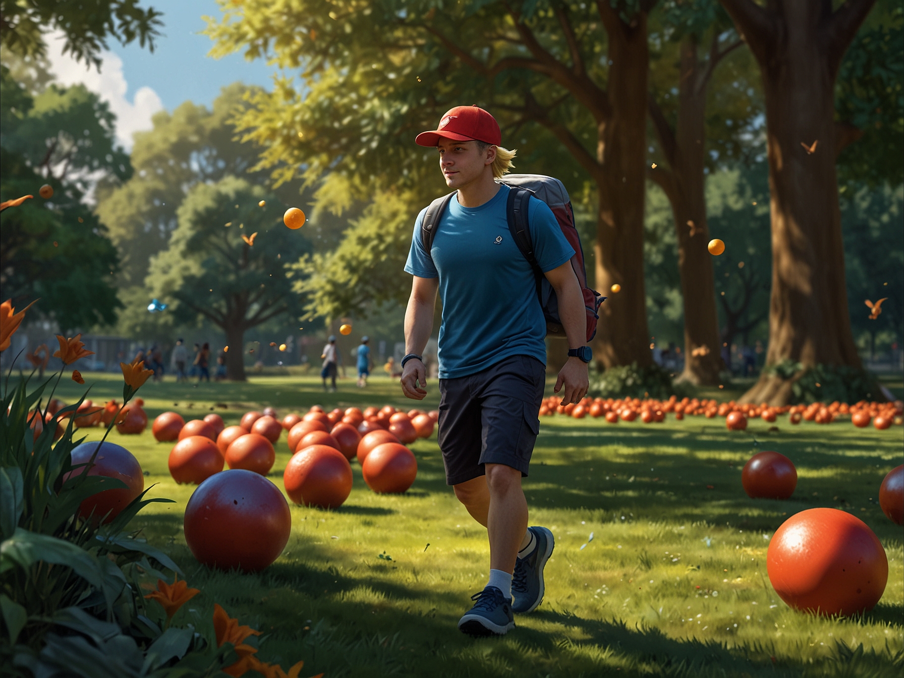 An energetic trainer surrounded by multiple Cyndaquil, showcasing the increased spawn rate during the Community Day Classic. The trainer is seen catching various Cyndaquil with Poké Balls in a vibrant park setting.