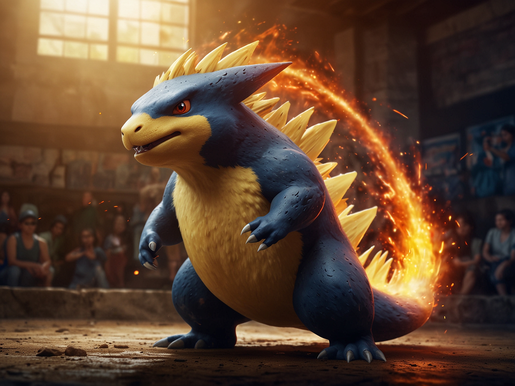 A powerful Typhlosion, evolved from Cyndaquil during the event, executing its exclusive move in a battle scene. The background displays an intense Pokémon battle arena filled with dynamic action.