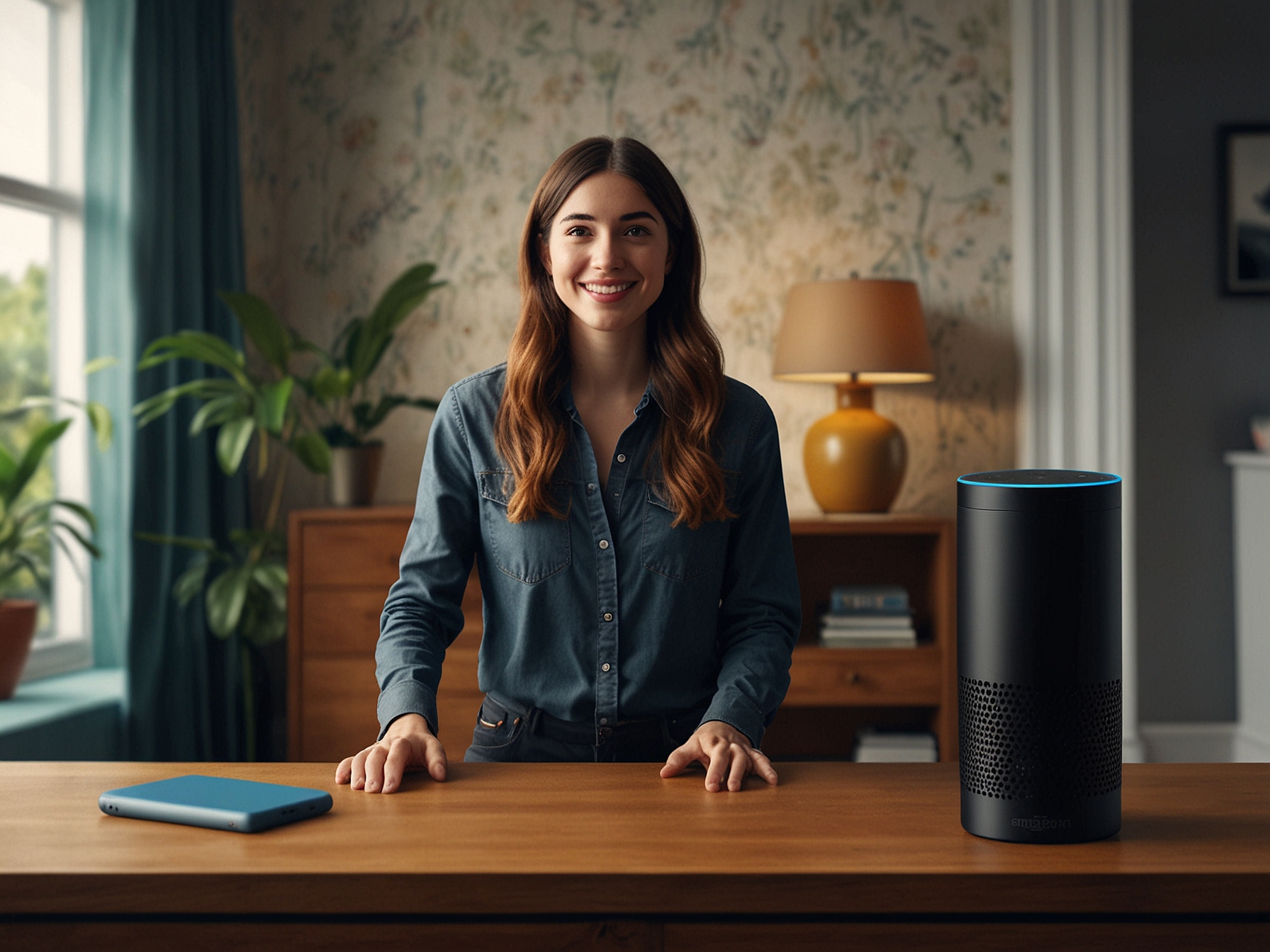 Illustration of a user interacting with an Amazon Alexa device, highlighting the potential shift to a subscription-based service requiring users to pay up to $10 monthly.