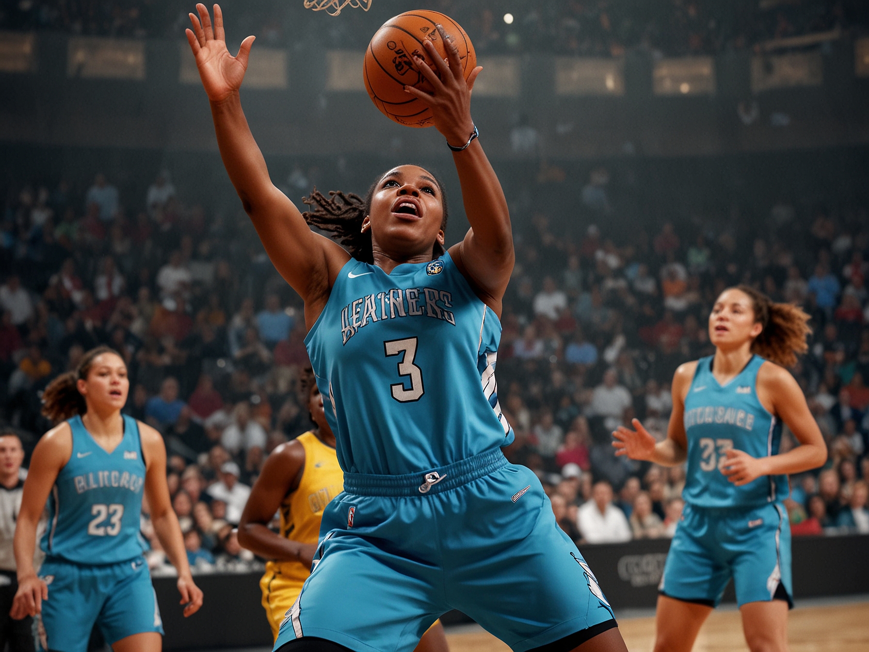 Angel Reese, in a Chicago Sky uniform, leaps high for a rebound during the game against the Dallas Wings, illustrating her dominant 18-rebound performance that helped her set the record.