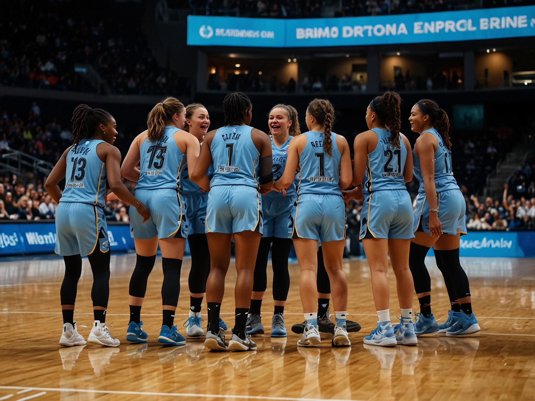 The Chicago Sky team celebrates on the court at Wintrust Arena, highlighting their victory over the Dallas Wings, with Angel Reese prominently positioned, demonstrating her pivotal role in the win.