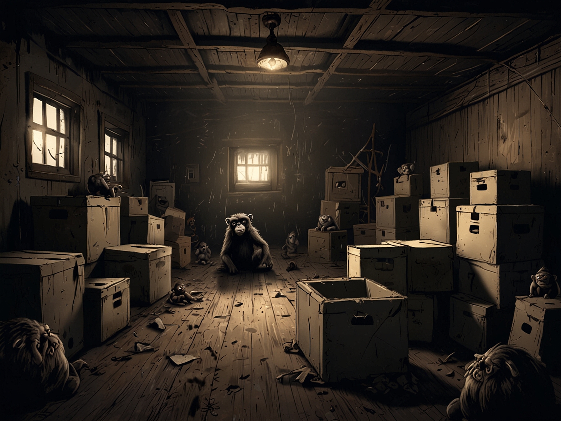 A dark, eerie attic filled with cobwebs and old boxes, with the sinister toy monkey at the center, symbolizing the terror about to unfold.