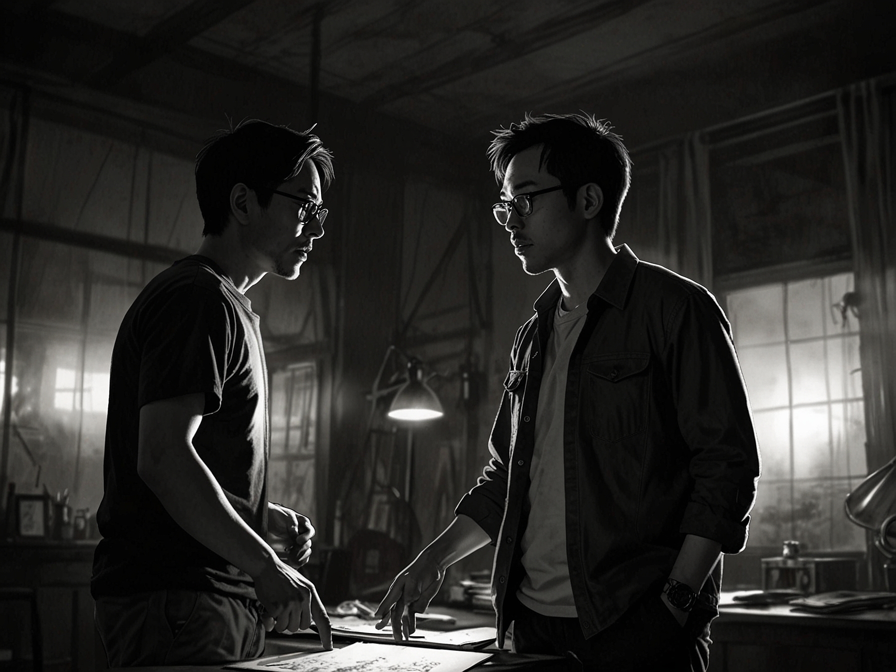 Directors James Wan and Osgood Perkins discussing scenes on a dimly lit, ominous set, indicative of the film's intense and atmospheric setting.