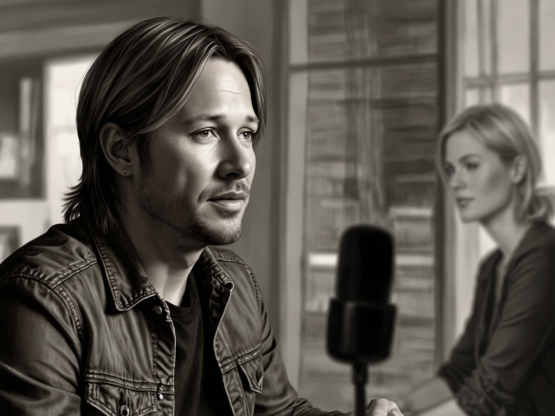 Keith Urban passionately speaking at an interview, reflecting on his difficult journey with substance abuse and how Nicole Kidman's support was crucial for his recovery and their strong marriage.