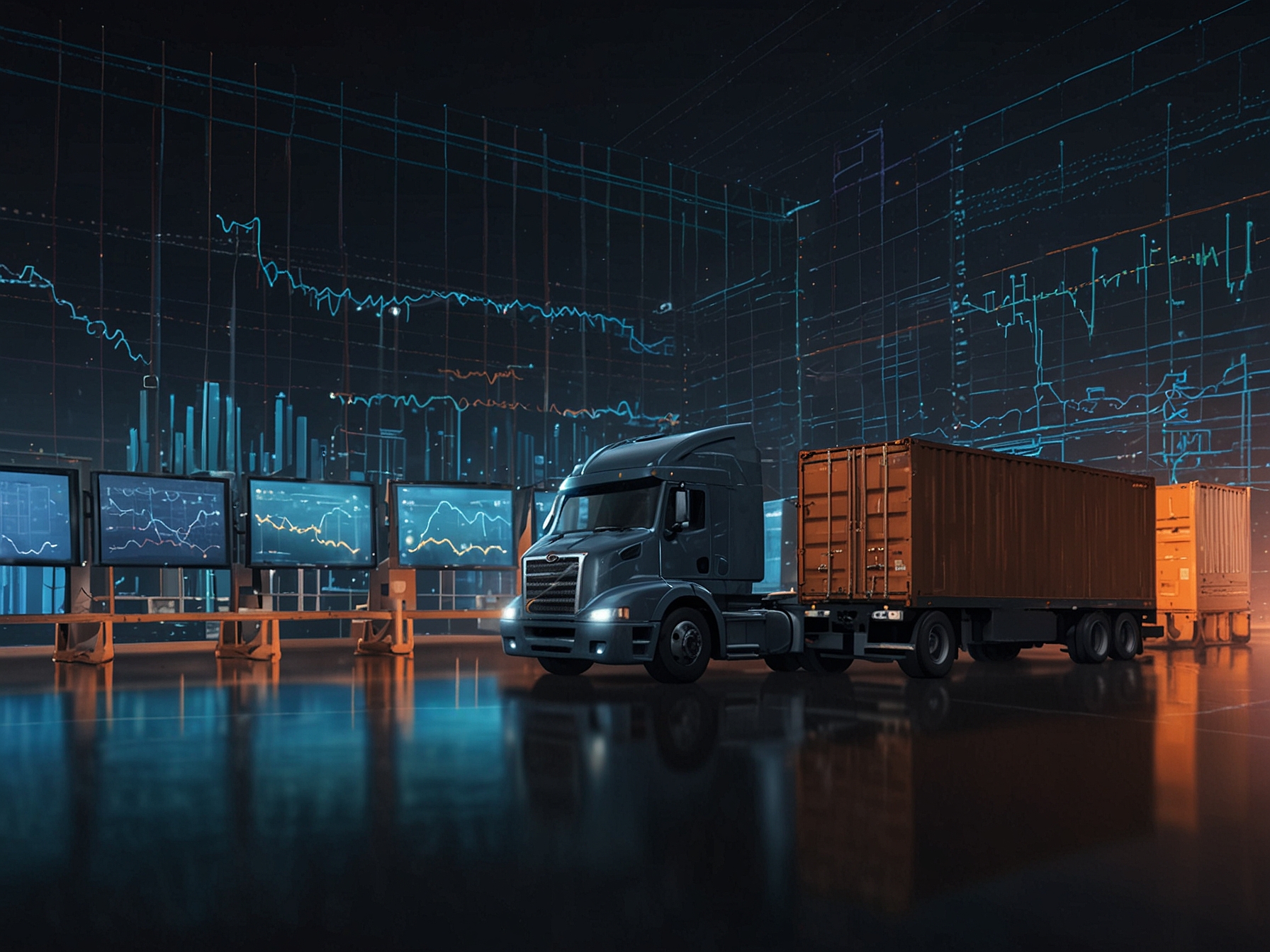 An illustration of an AI system analyzing vast amounts of data to forecast demand and optimize logistics routes, showcasing the predictive analytics capabilities of AI.