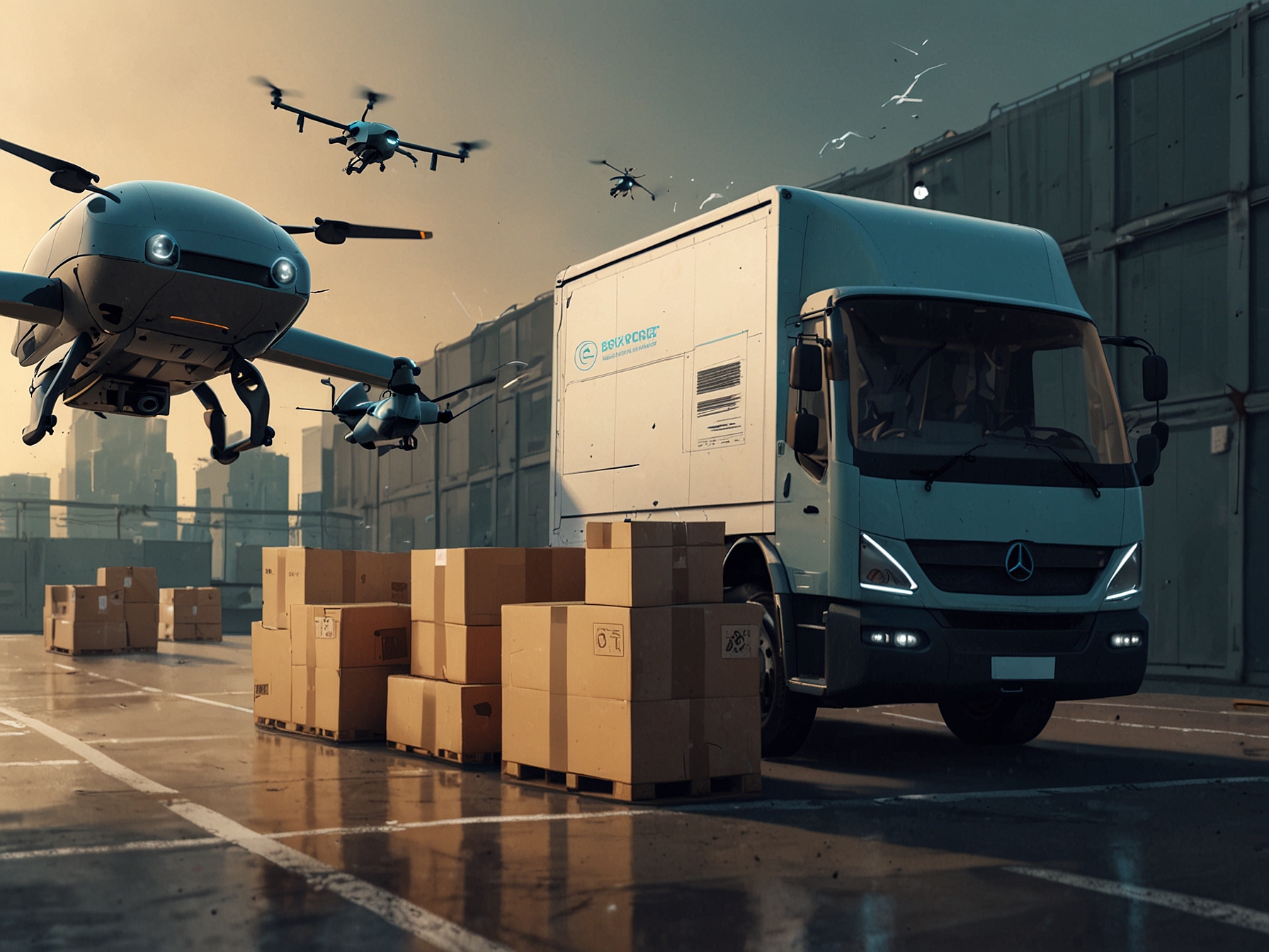 A depiction of autonomous delivery vehicles and drones operating in a modern logistics environment, highlighting the adoption of AI-driven automation in the supply chain.