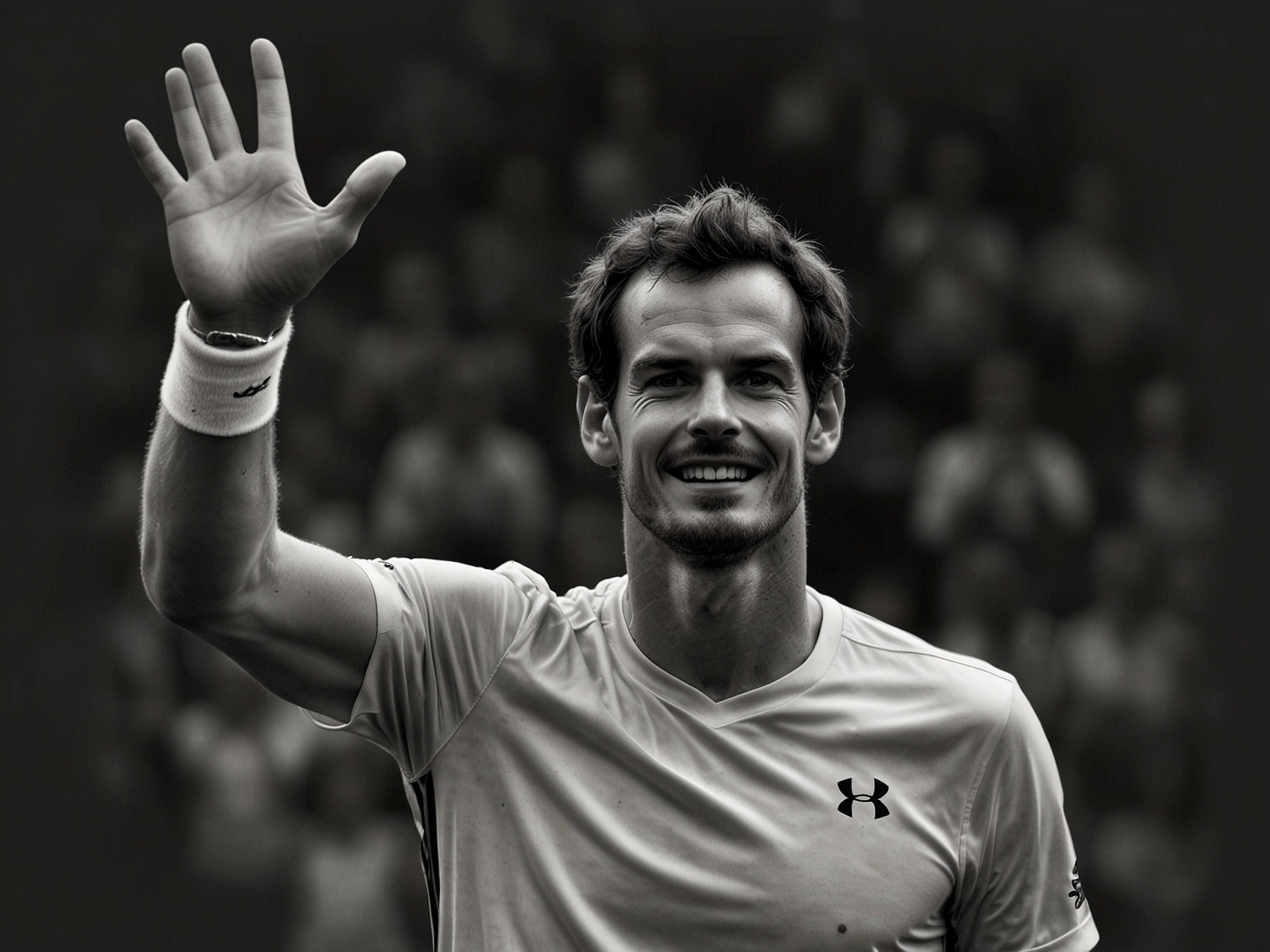 Andy Murray waving to fans with a determined look, symbolizing his resilience and continued efforts to return to tennis despite numerous setbacks and surgeries.