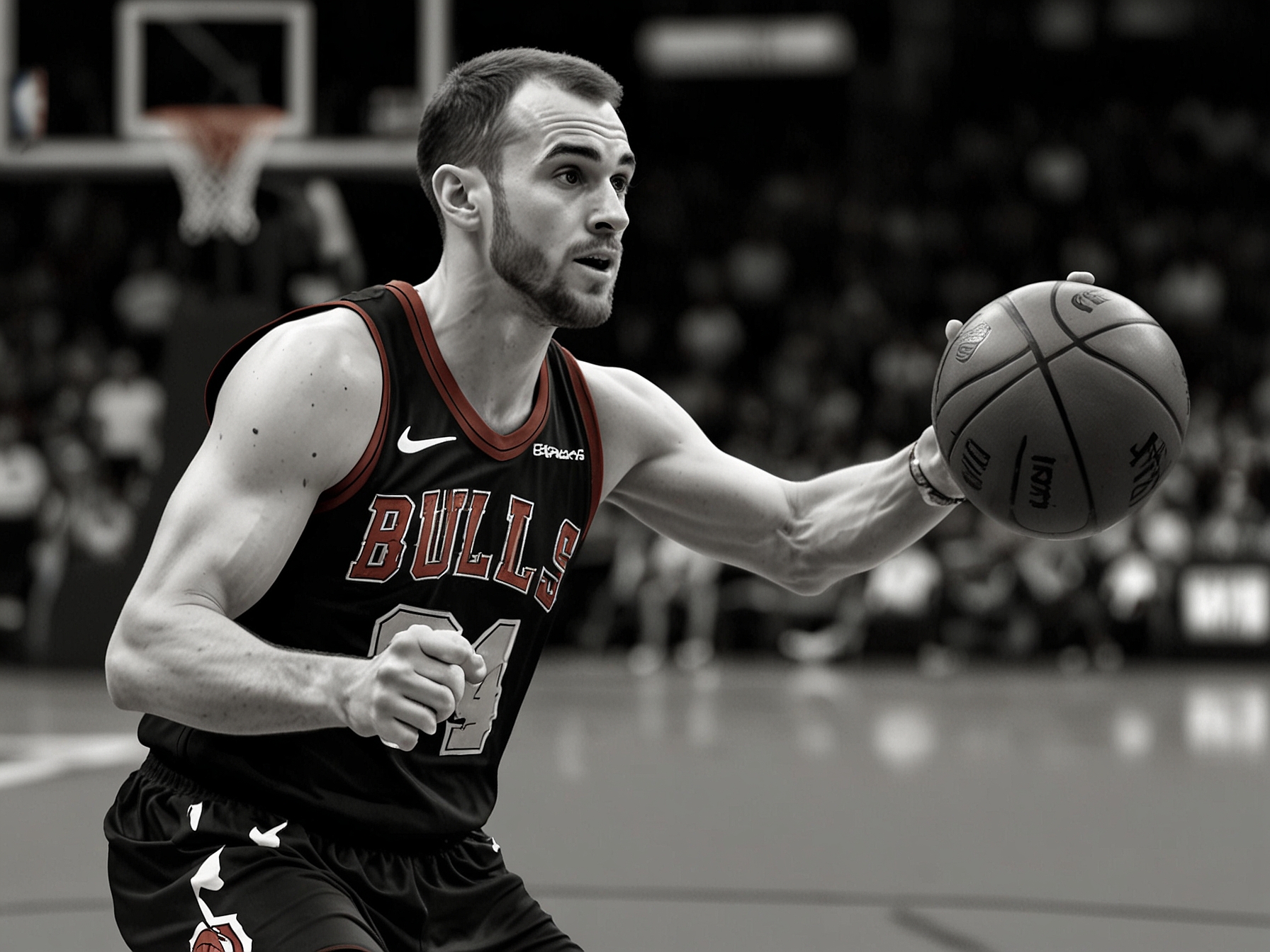 Alex Caruso in his Chicago Bulls uniform, executing a defensive move, symbolizes his defensive prowess and the tenacity he brings to the OKC Thunder's lineup.