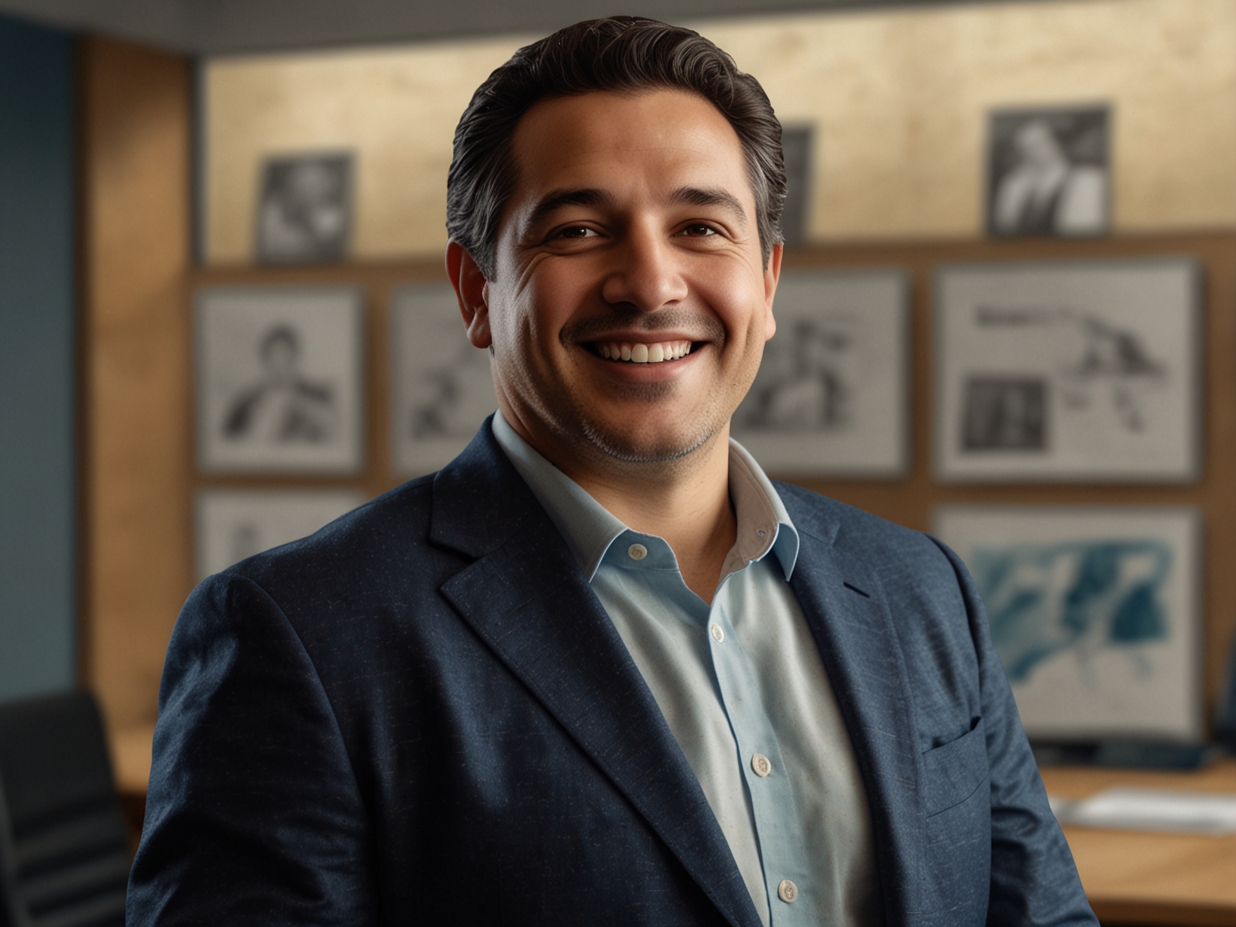 Andres Alvarez stands smiling in an office setting, symbolizing his new role as head of Paramount Pictures' home entertainment division, reflecting the company's fresh strategic direction.