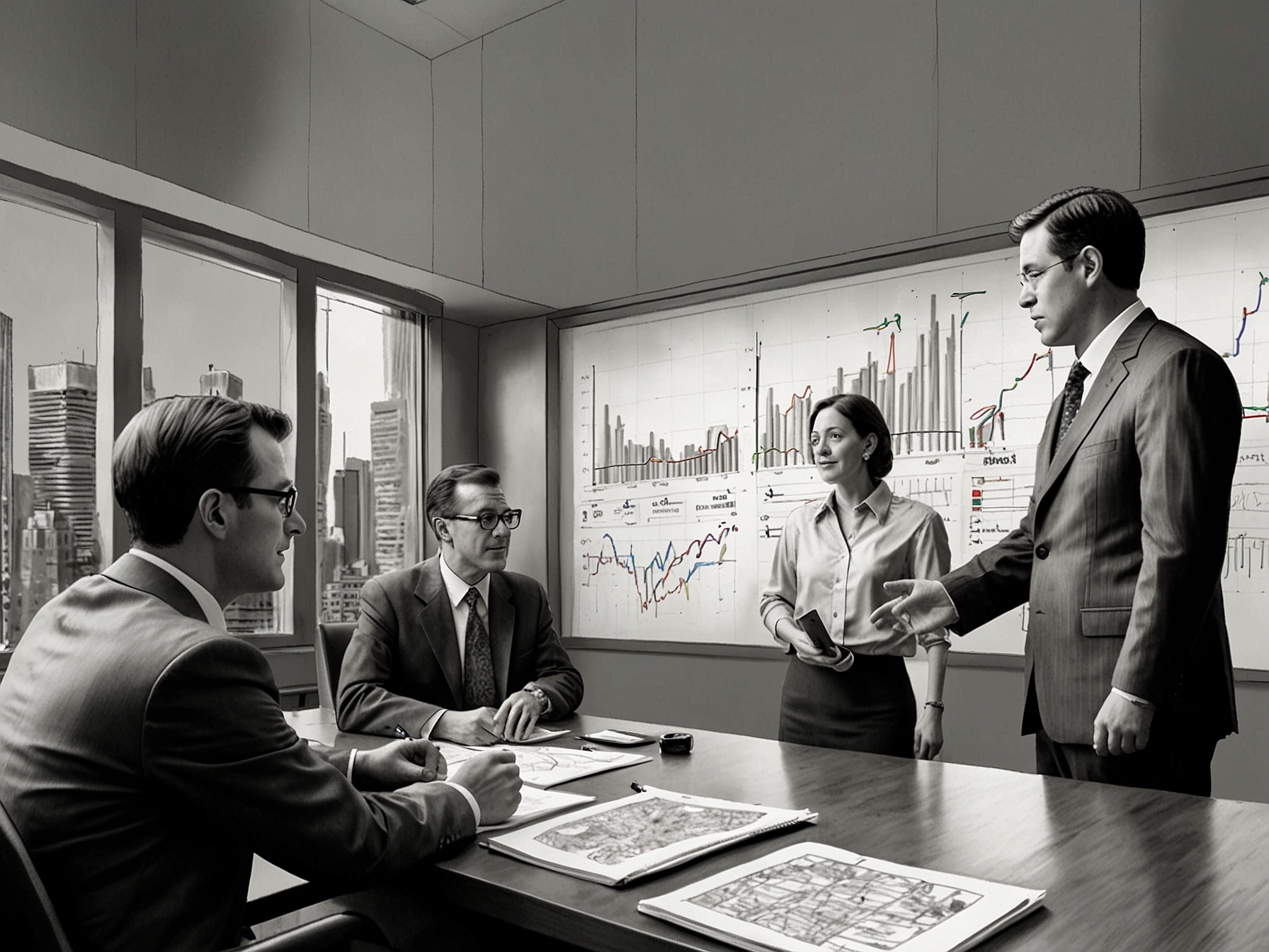 An illustration showing a financial advisor presenting market analysis to sponsors, emphasizing cautious decision-making in a volatile economic environment.