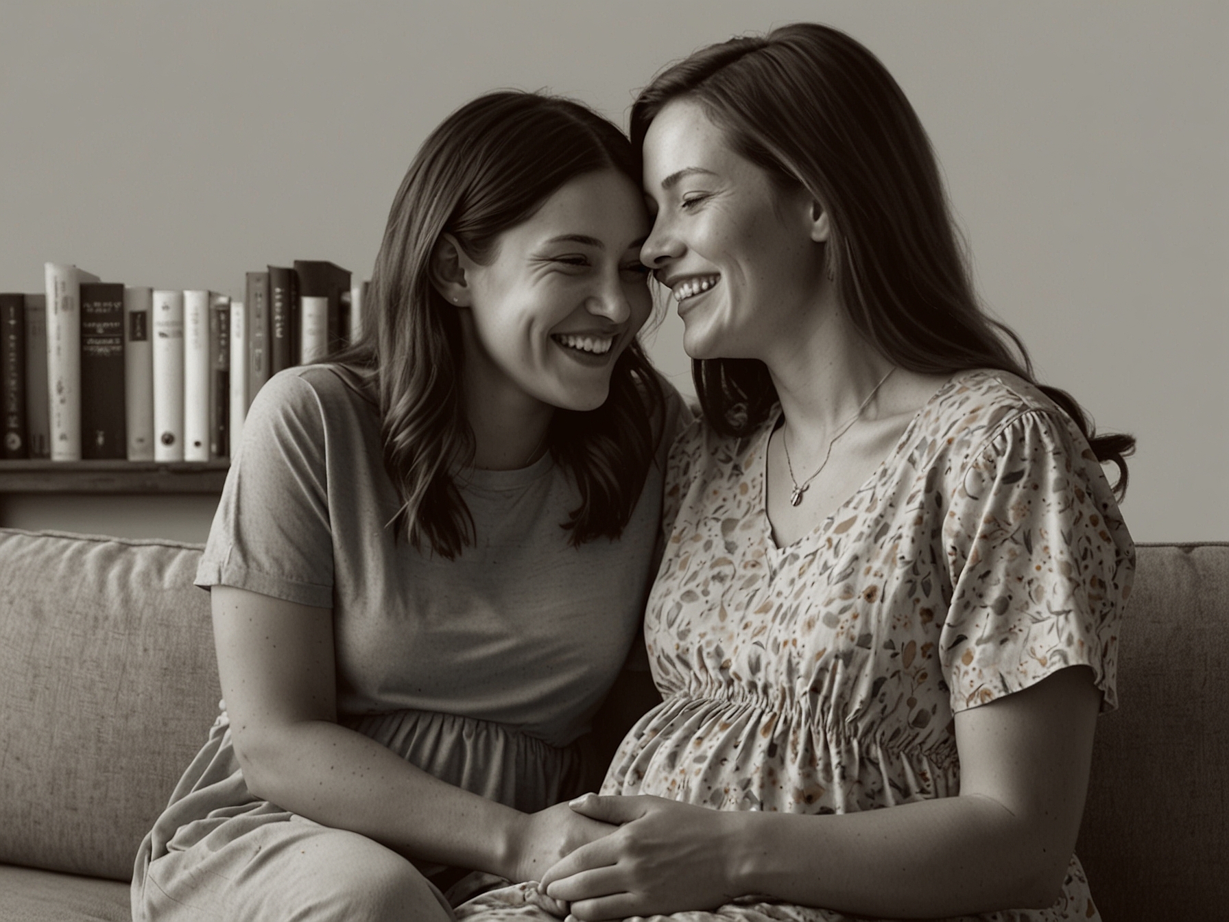 Sarah's eldest daughter, Emily, sits beside her mother, gently touching the baby bump and smiling cheerfully, symbolizing her excitement about becoming a big sister.