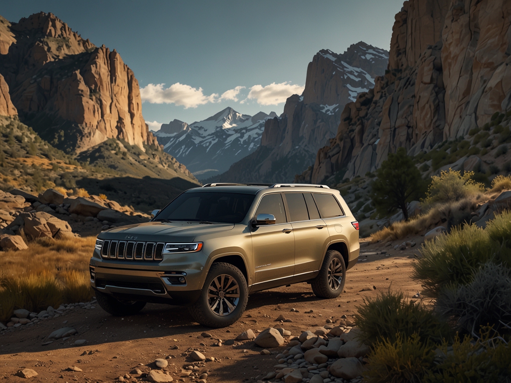 The 2024 Jeep Wagoneer S is depicted in a rugged mountain landscape, showcasing its off-road prowess and elegant design. The SUV features sleek lines and a bold presence, encapsulating its modern aesthetic.